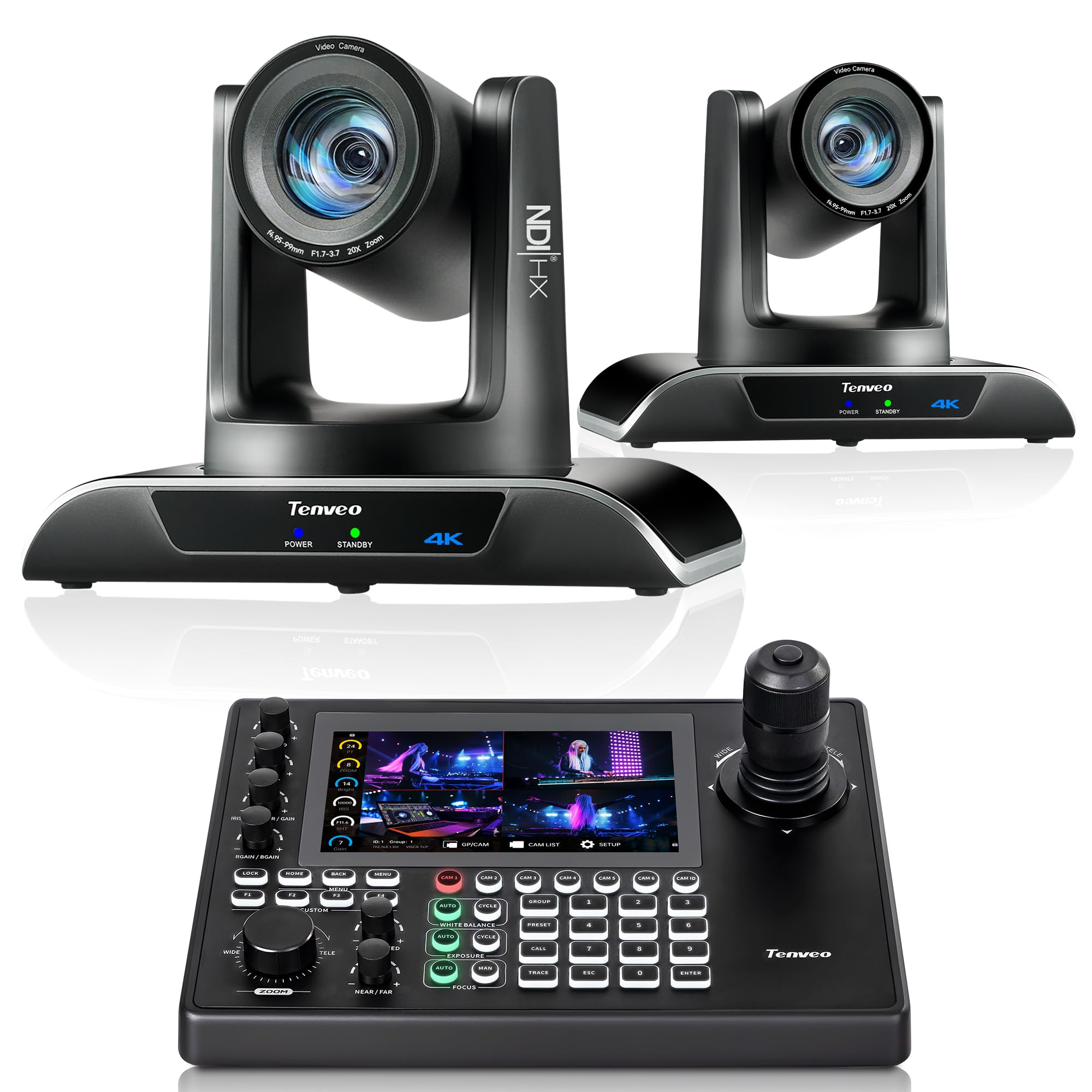 Tenveo Cámara PTZ NDI 4K IA Auto-Tracking, Zoom óptico 20x, USB3.0/HDMI/LAN PoE para transmisión en Vivo IP en Iglesias, videollamadas（VHD20H-AI-4K*2）+Controlador NDI|HX3 PTZ