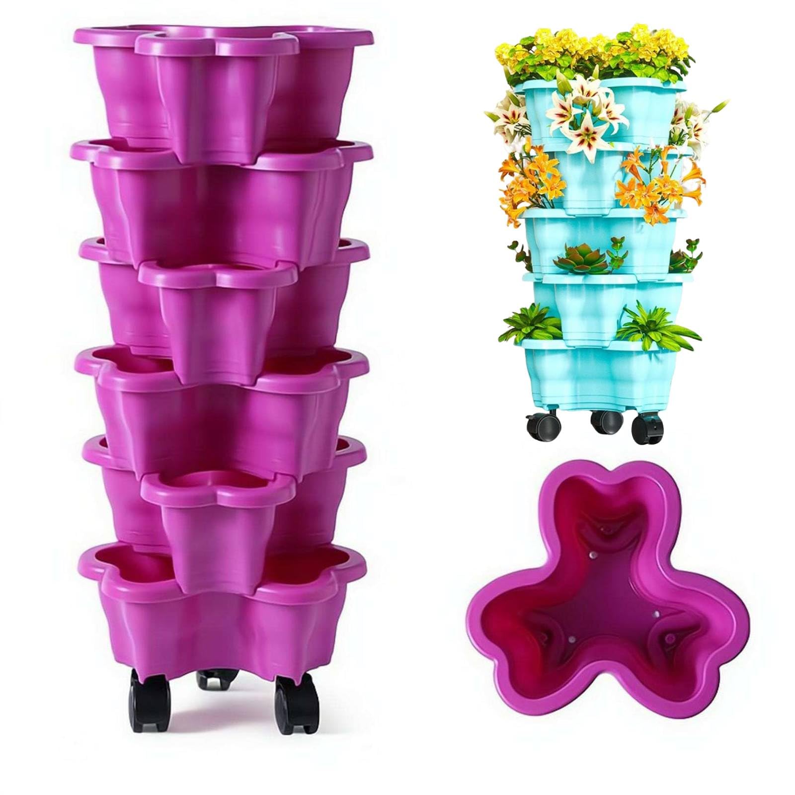 6 Tier Strawberry Tower,9.8x23.6'' Vertical Stackable Garden Planters with Wheels, Rolling Strawberry Planter Pots for Indoor Outdoor Patio Balcony, 2026 New Herb Flower Vegetable Grow Tower (Purple)