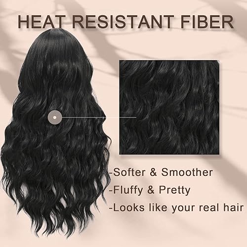 Miniatura 2 de Peluca negra con flequillo, pelucas largas onduladas para mujer, pelucas sintéticas para uso diario, color natural, 26 pulgadas
