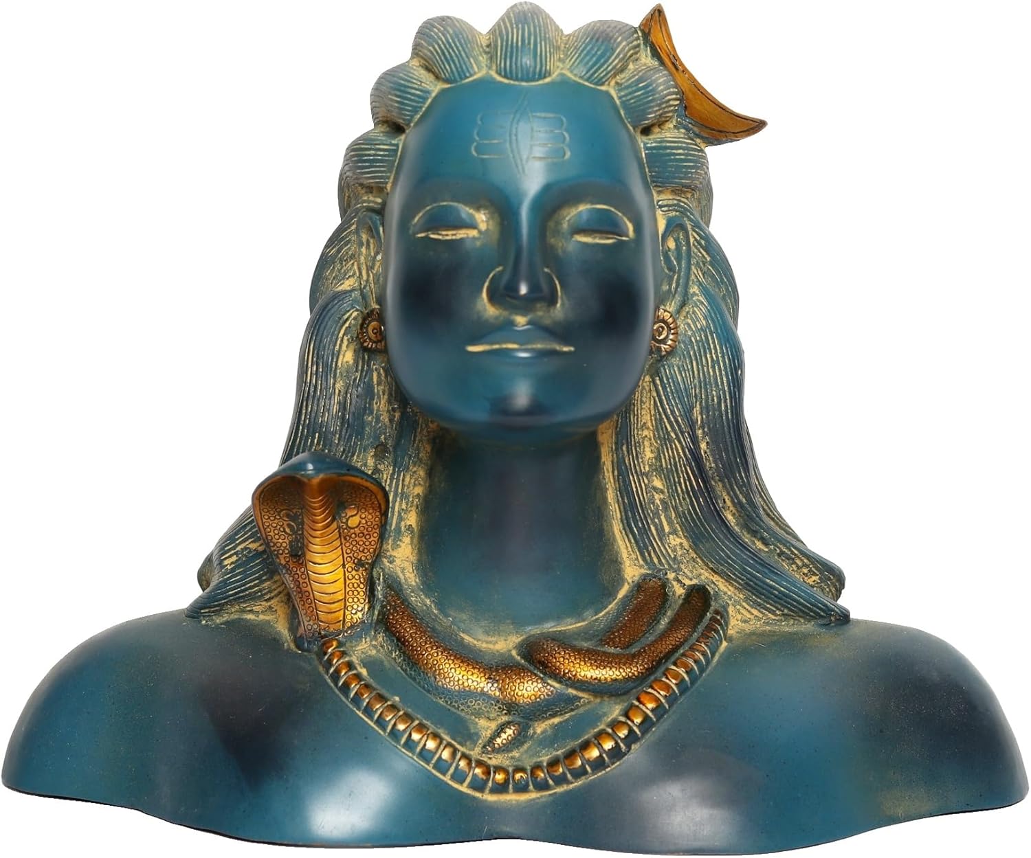 Exotic India 12" Adiyogi Shiva Bust Brass Statue | Lord Shiva Adiyogi for Puja Mandir Room, Temple Home Décor, Maha Shivratri, Table Décor