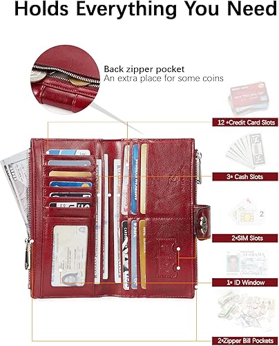 Miniatura 2 de BOSTANTEN Carteras de cuero para mujer, bloqueo RFID, gran capacidad, triple tarjetero, embrague para teléfono, F-Vino Rojo-Doble Cremallera,