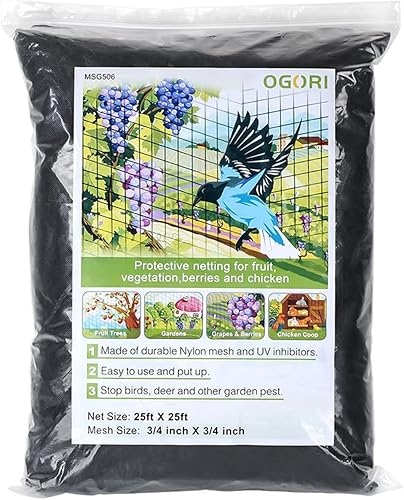 OGORI Red para pájaros de 50 x 50 pies, malla de nailon resistente, malla de 2 pulgadas, protege árboles frutales, plantas y verduras