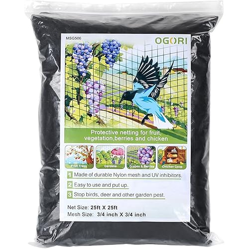 OGORI 25' x 25' Bird Netting Heavy Duty Nylon 3/4" Mesh Garden Netting Protect Fruit Trees, Plants and Vegetables
