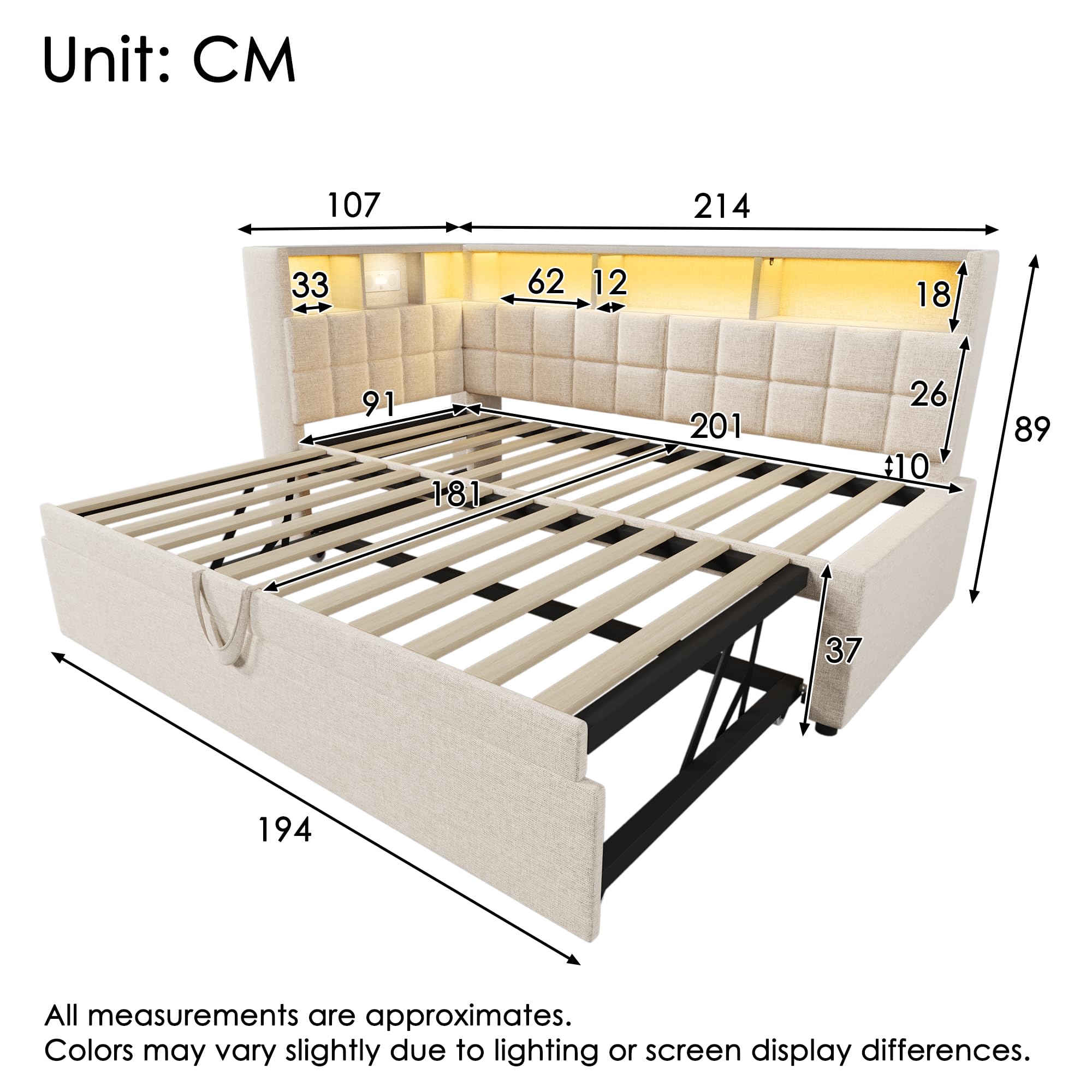 Cama tapizada de 90 x 200 cm, cama de día con cama nido, sofá cama con LED y puerto de carga USB y tipo C, altavoz Bluetooth, cabecero en L con estante de almacenamiento, lino, sin colchón
