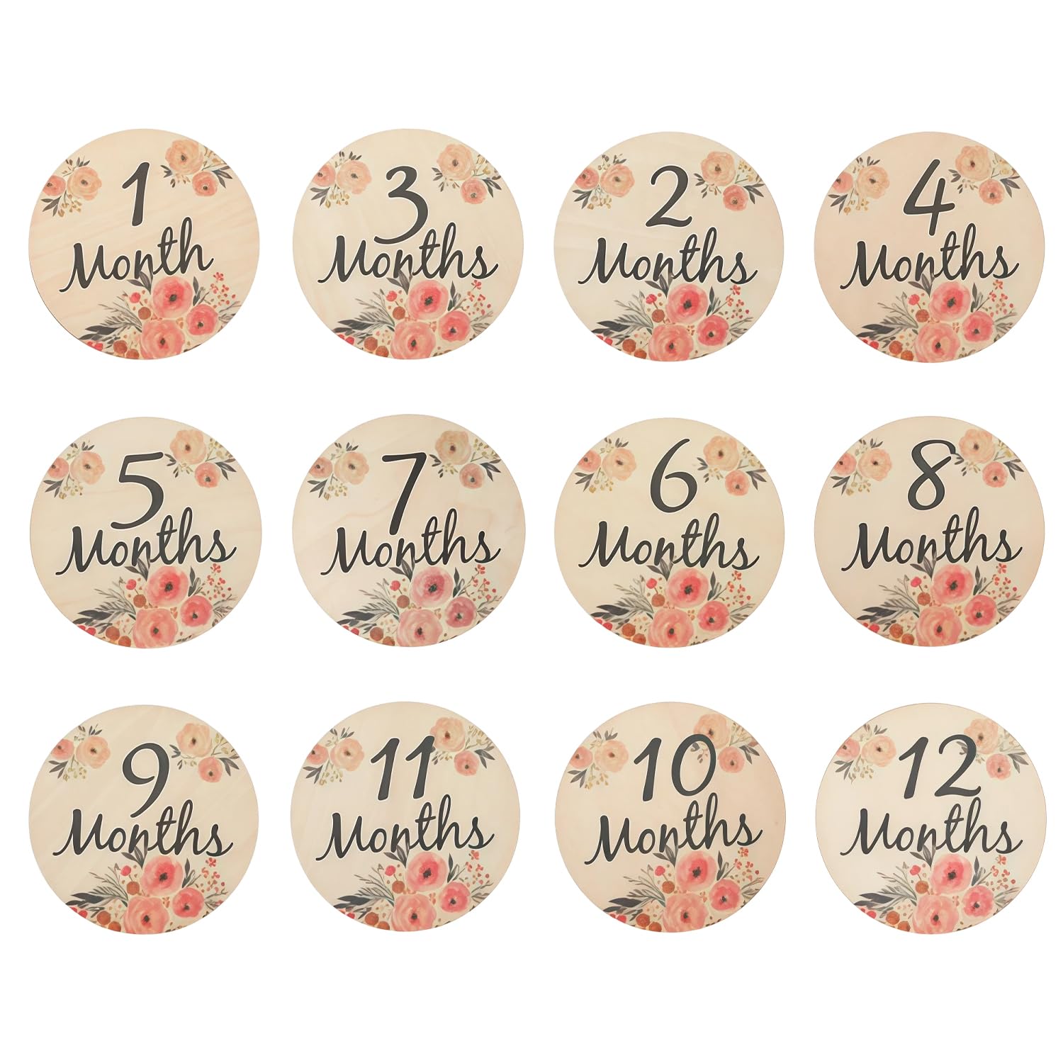 6 Pcs Baby Milestone Cards | 3.9in Round Double-Sided Wooden Baby Monthly Milestone Cards for Photoshoot Props for Boy Girl Newborn Gift (Floral Theme) — image 1