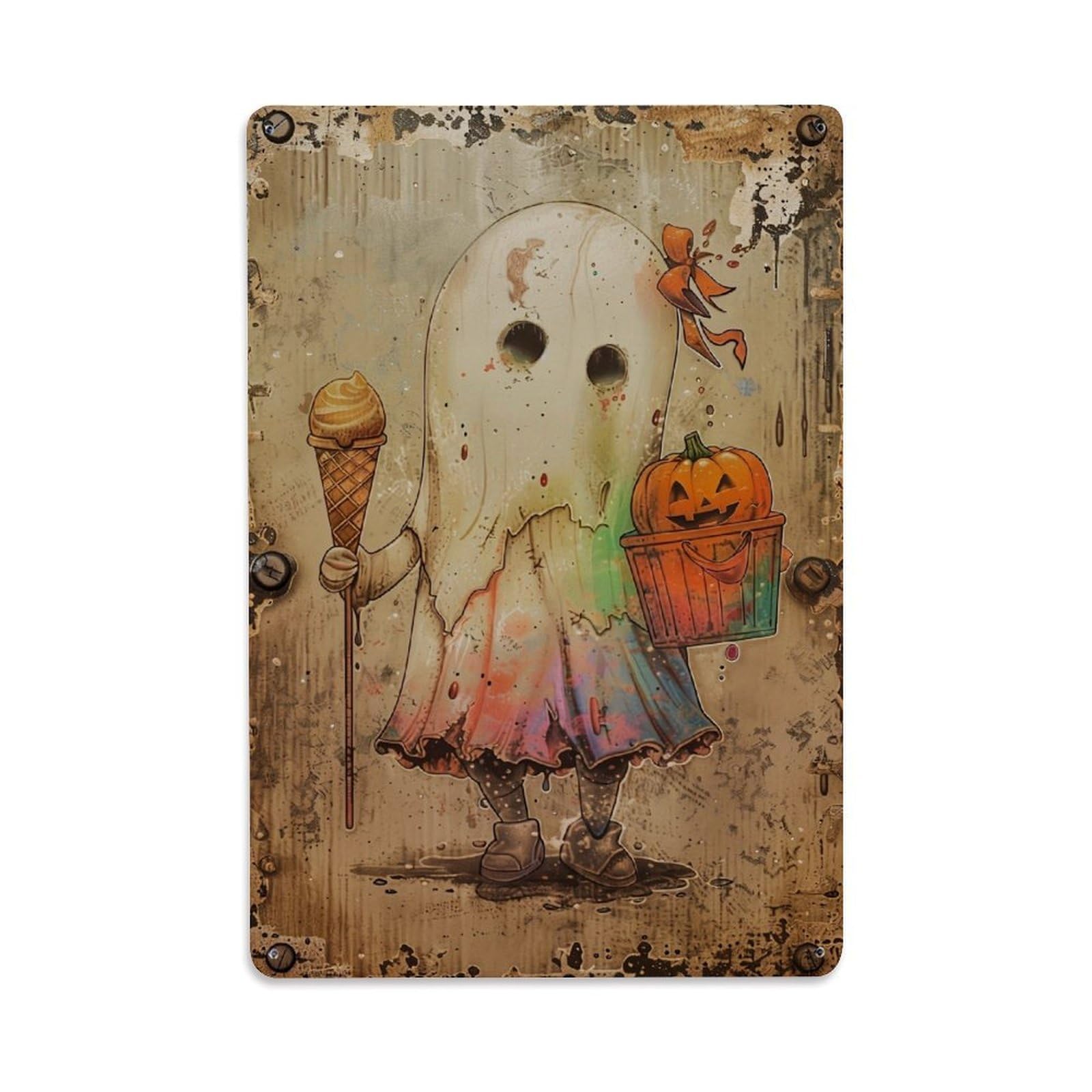 Jdfenggu Vintage Ghost With Ice Cream And Pumpkin Retro Metal Tin Sign, Decor Art Poster For Bar, Home, Man Cave, Kitchen, Laundry Room Gift 8X12inch