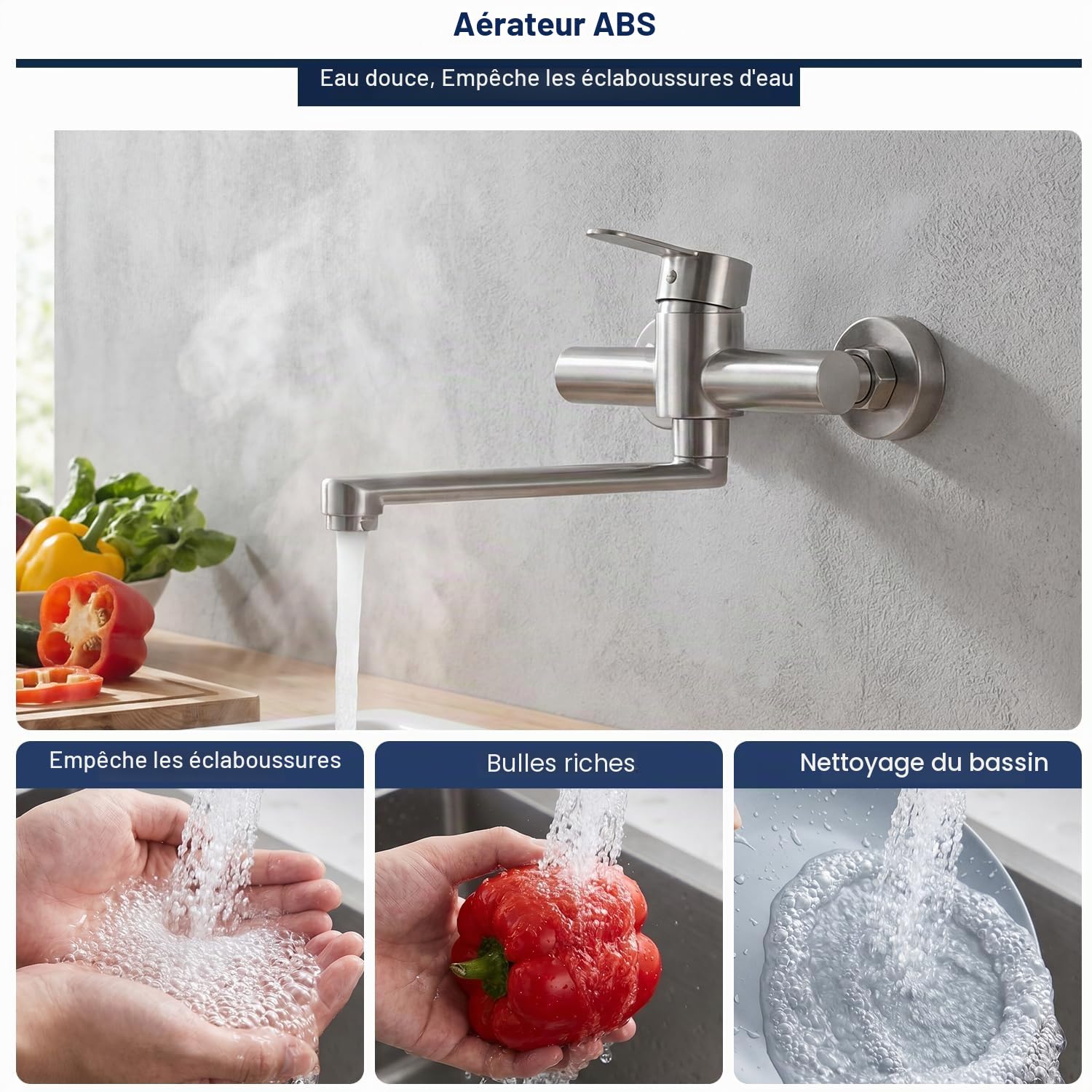 Robinet Mural Cuisine, Mitigeur Mural Inoxydable, Pivotant à 360° pour Évier de Cuisine, Eau Chaude et Froide, Trous de Montage Réglables, Bras Pivotant 23cm, Brossé
