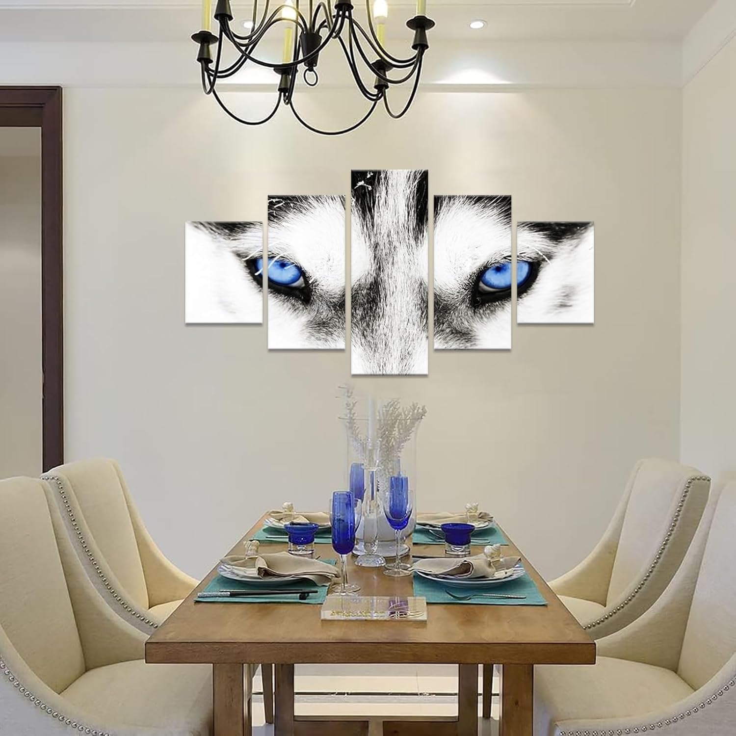Large 5 Pieces Wolf Canvas Wall Art Black and White Wolf Dog Blue Eyes Animal Face Head Series Abstract Picture Painting Artwork for Living Room Home Decor Ready to Hang