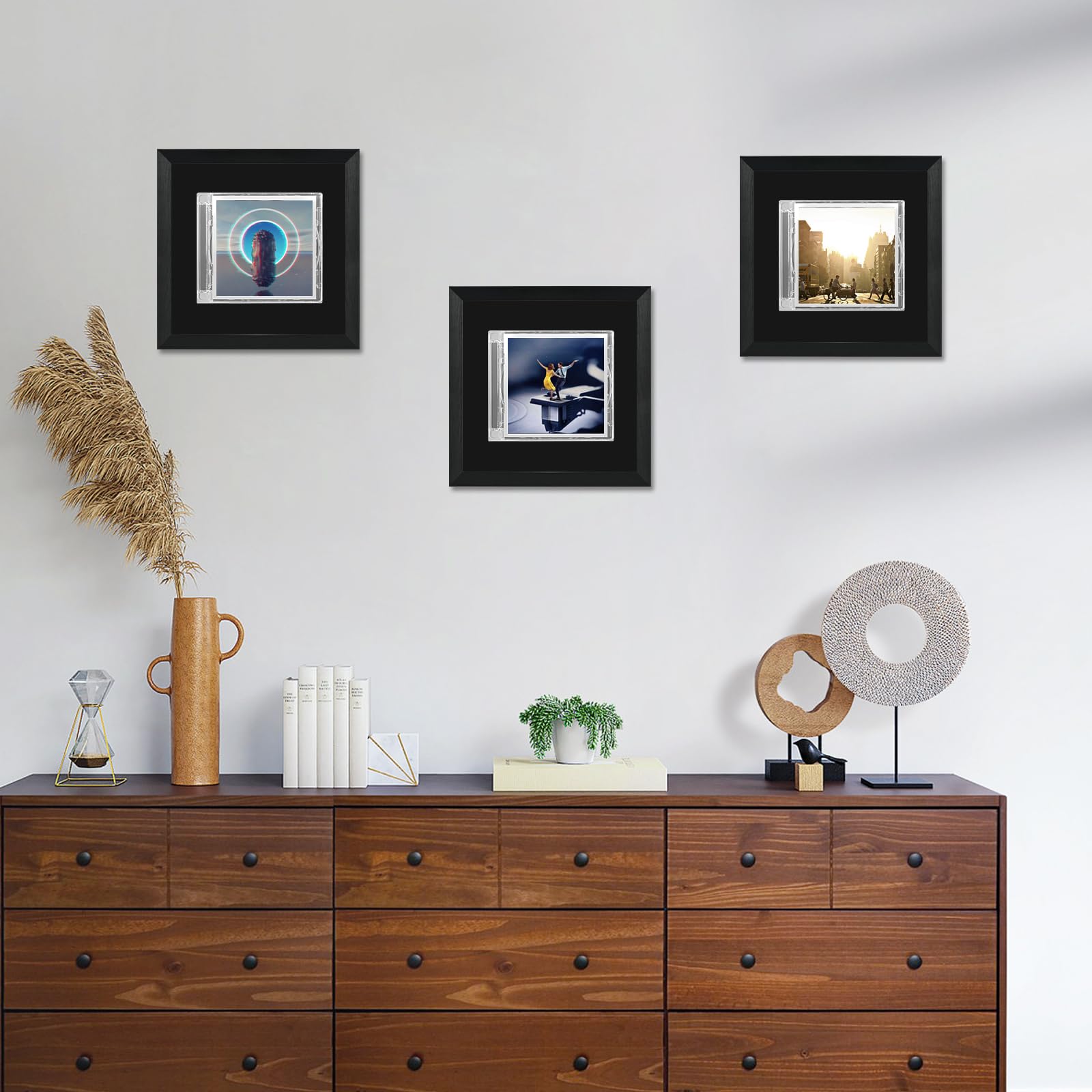 Cornice Display per CD 21,8 x 21,8 cm per Custodie CD, Cornice in Legno con Tessuto Floccato Nero, Supporto da Parete per Display Album Musicali, Decorazione per la Casa, Cornice per Foto