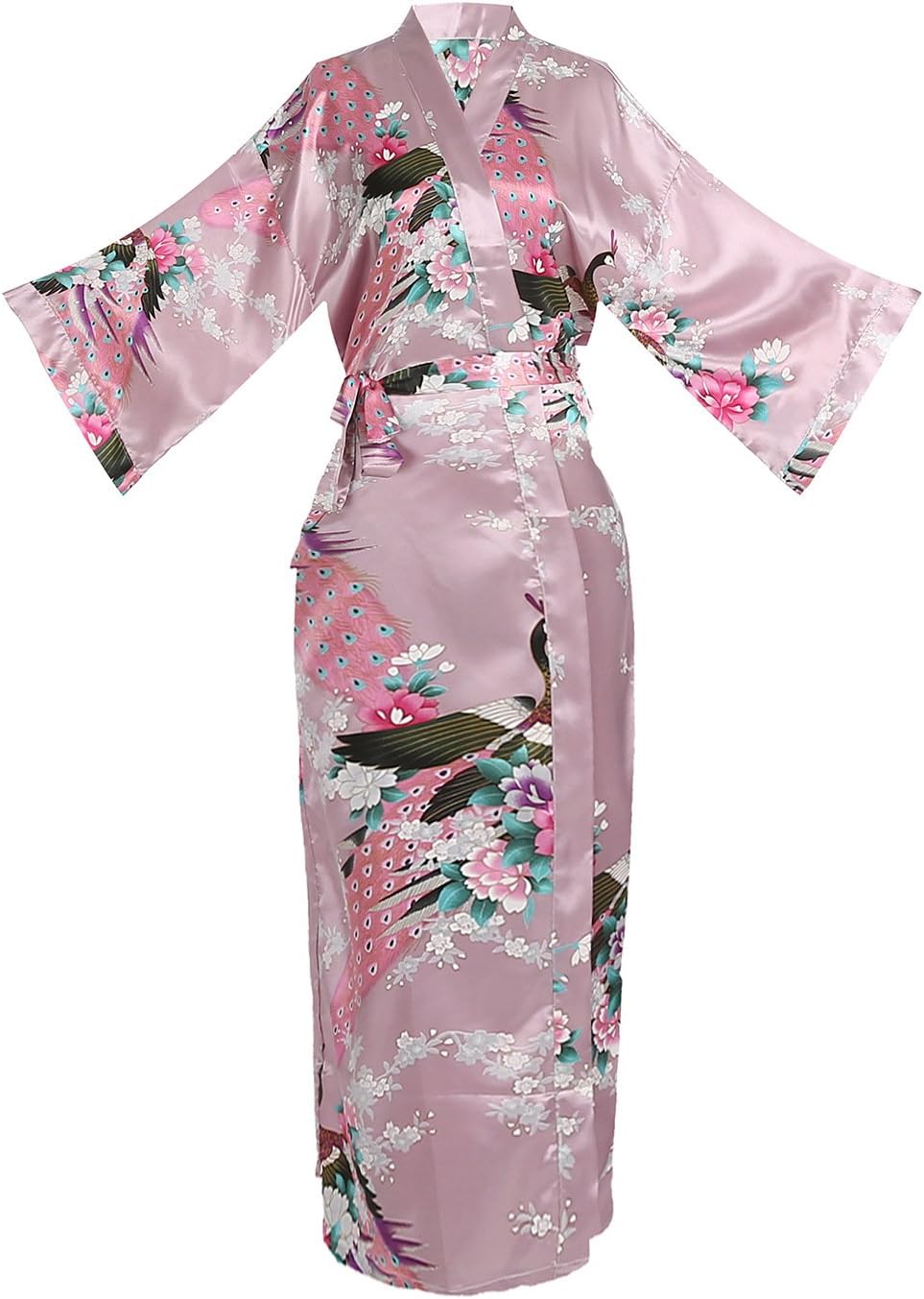 ellenwell Women's Kimono Long Robe - Peacock & Blossoms Long Kimono Robe(X-Large,Mauve)
