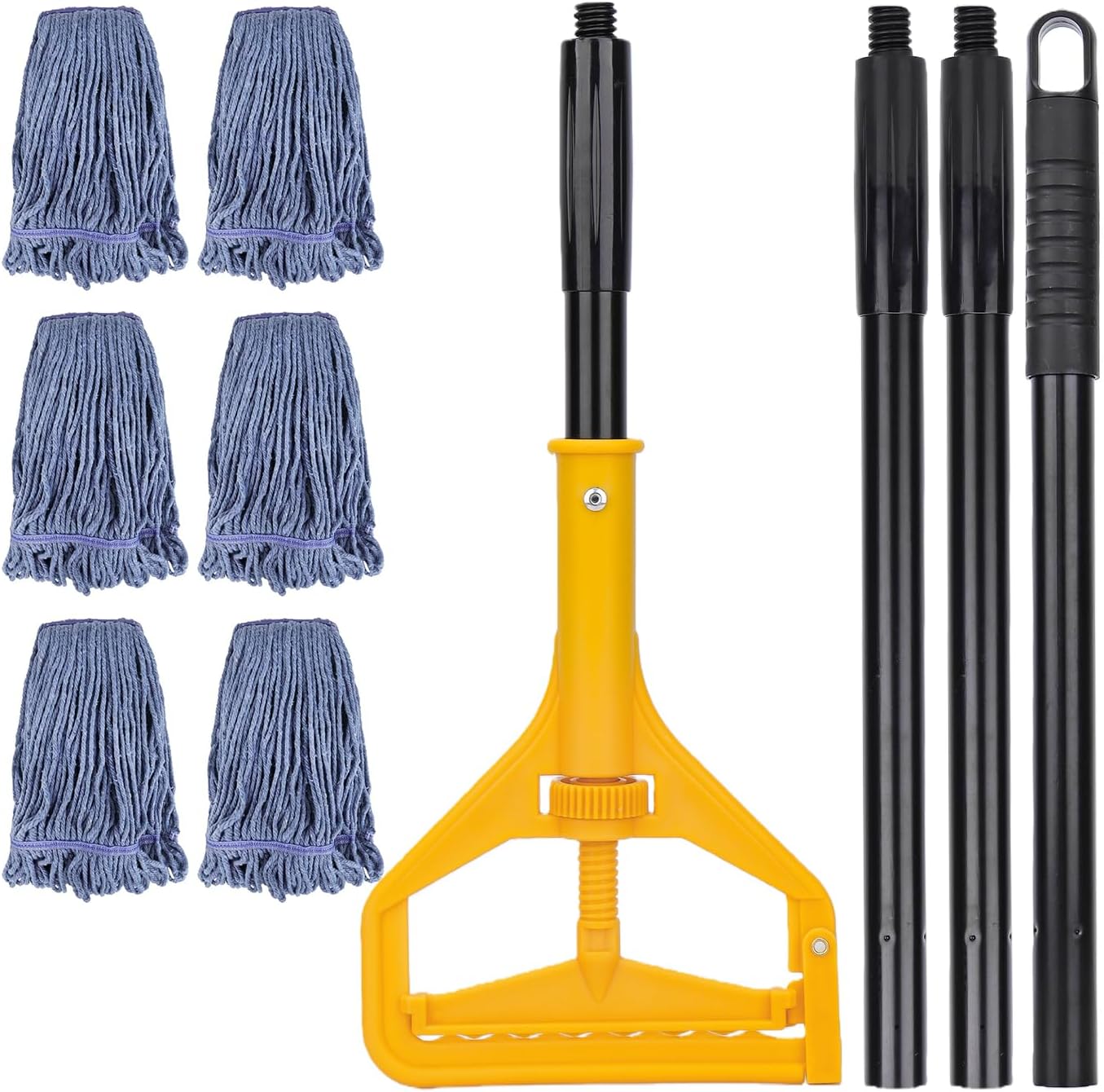 Commercial Heavy Duty Mop Heads Replacement for Rubbermaid with Long Handle - 6 Packs Industrial Wet Mop Head with Handle for Floor Cleaning - Commercial Products Looped End String Head Refills