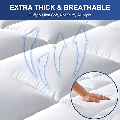 Miniatura 3 de Cubrecolchón tamaño matrimonial, color blanco, extra grueso, para sueño profundo, funda protectora de colchón suave con bolsillo profundo de 8 a 21