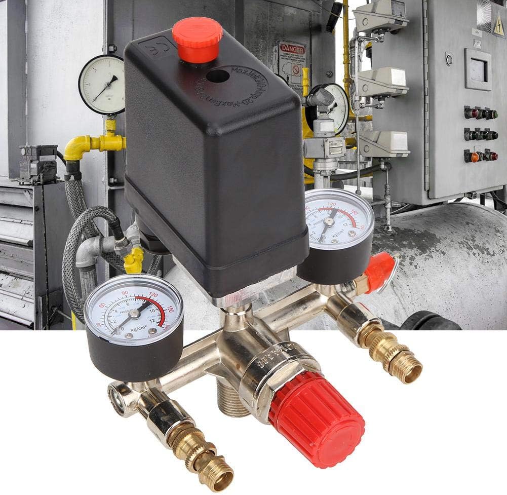 Oumefar Pressure Regulator Valve Double Outlet Tube Air Compressor Pressure Switch Control Adjustable Regulator with Knob Gauges
