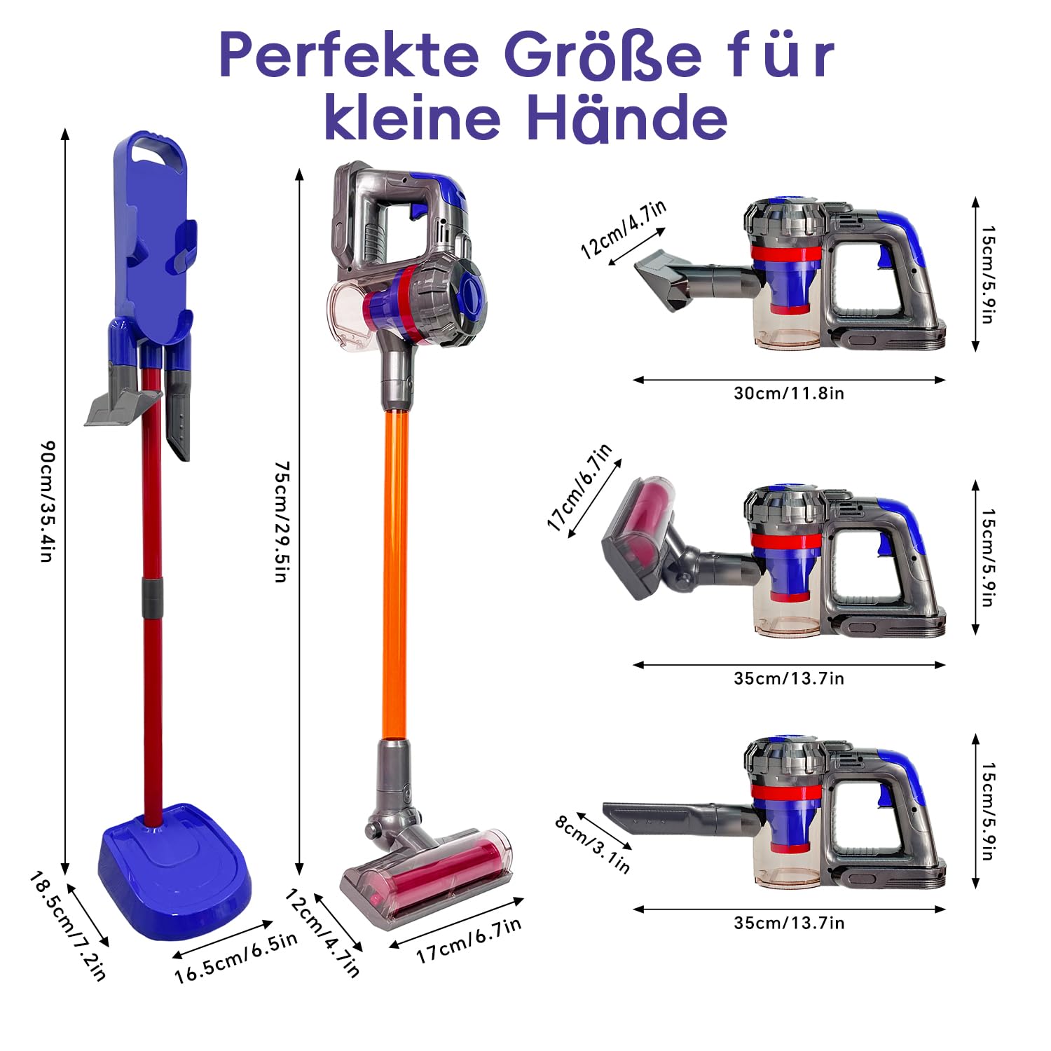 VARANO 3-in-1 Kinderstaubsauger mit echter Saugfunktion – Kinder Staubsauger mit Saugleistung, realistisches Rollenspiel & Montessori Lernspielzeug für Jungen & Mädchen ab 3 Jahren (Rot/Violett)