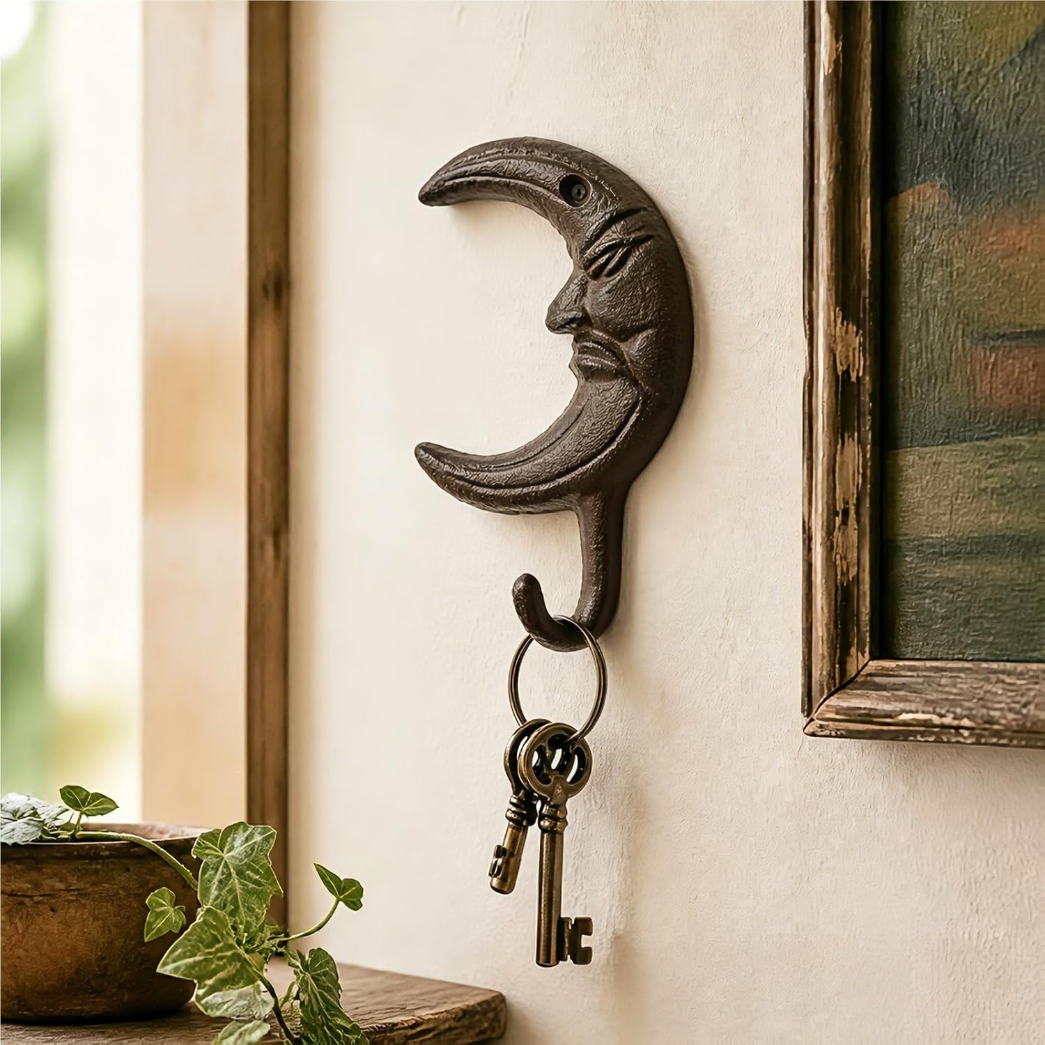 ZAVOOS 2 Pack Cast Iron Hooks, Heavy Duty Rustic Coat Hooks with Screws for Hanging, Vintage Wall Mounted Farmhouse Decorative Hanger for Hats, Towels, Bags, Keys, Sun Moon Shaped Celestial Decor