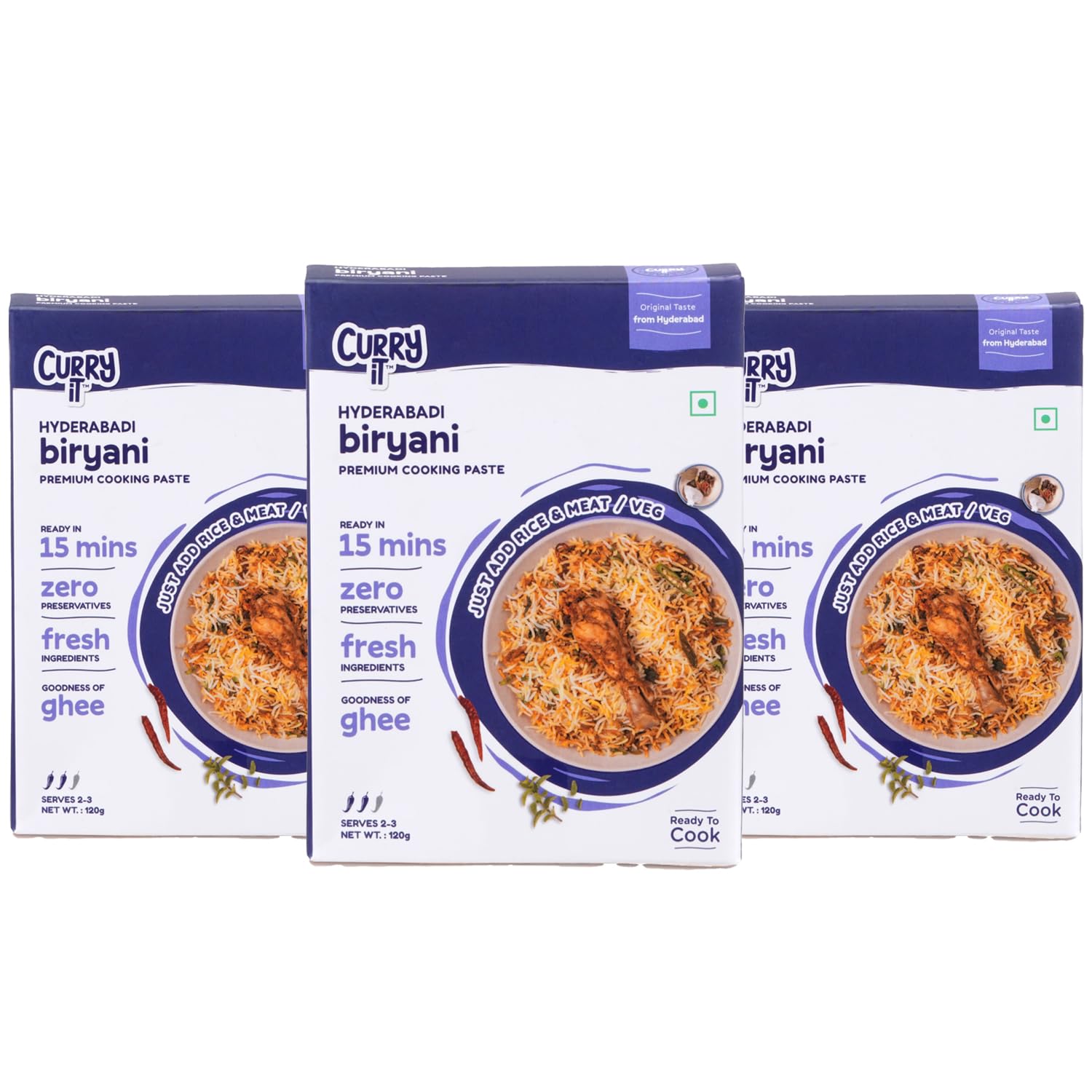 CURRYiT Instant Hyderabadi Biryani Curry Paste | Add Rice & Chicken, Mutton, Paneer | Ready in 30 Mins | Made with Ghee | No Preservatives | Ready to Cook Indian Masala Wet Marinade 120g (Pack of 3)-image-17