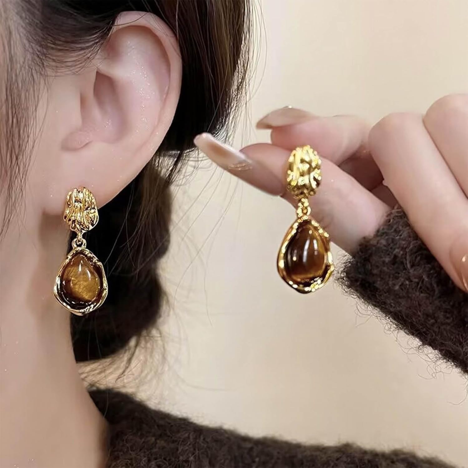 Vintage Amber Gemstone Dangle Earrings Amber Teardrop Earrings Gold Brown Amber Drop Earrings Amber Gemstone Earrings Large Amber Earrings Jewelry for Women - Image 5