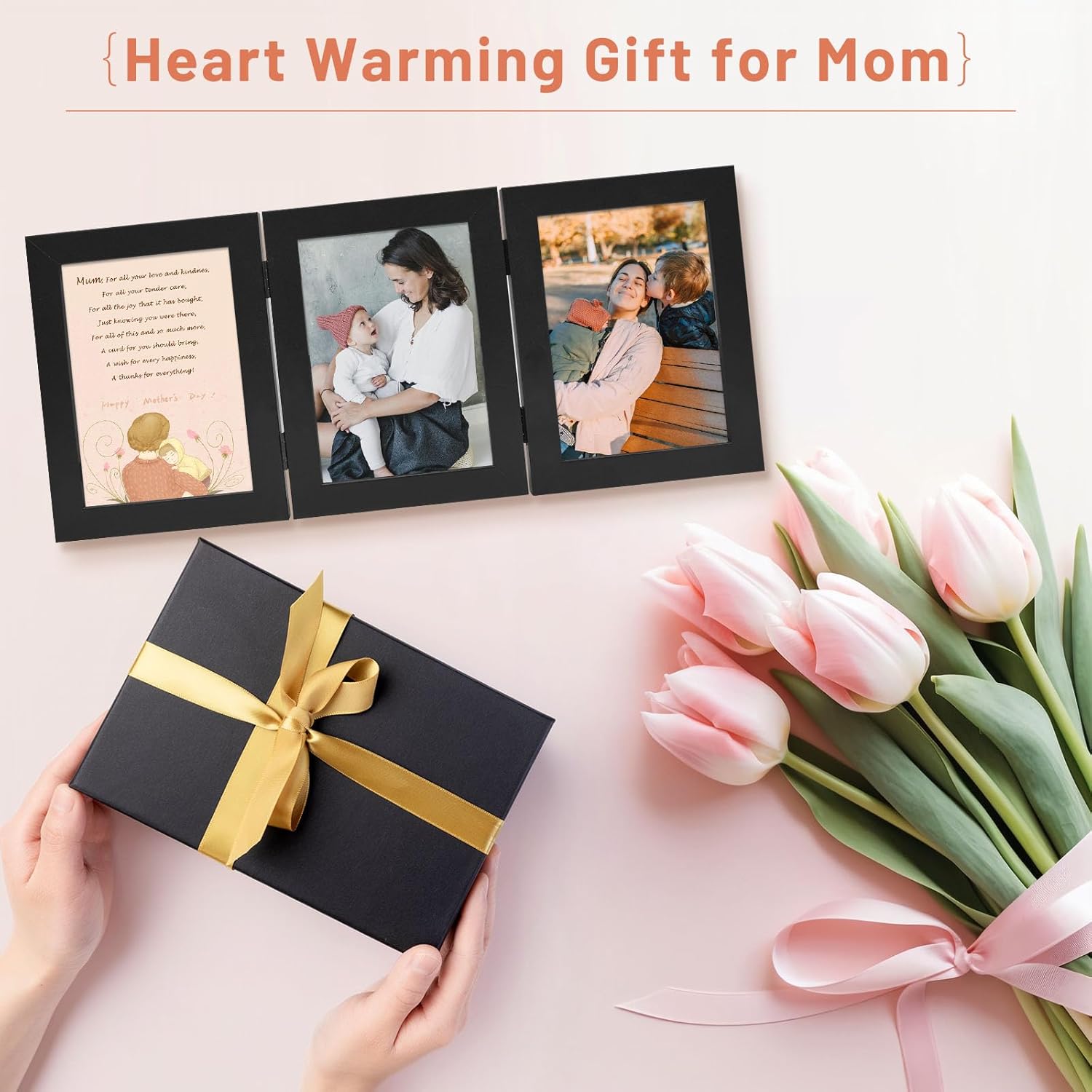 Golden State Art, 5x7 Three Picture Frame Trifold Hinged Photo Frame with 3 Openings, Desk Top Family Picture Collage, with Real Glass (5x7 Triple, Black, 2-Pack)
