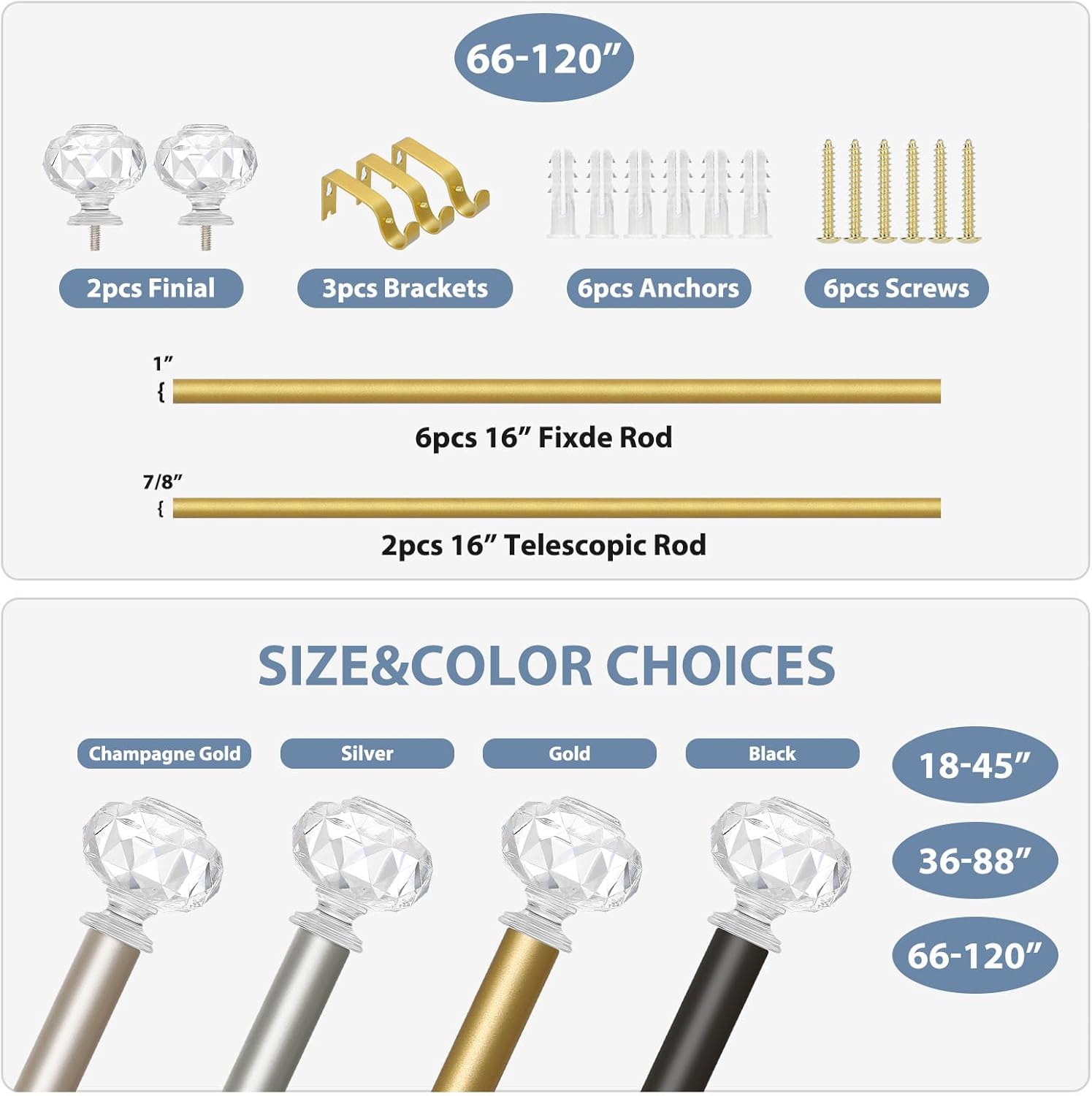 Gold Decorative Crystal Curtain Rods:66-120 Inch Heavy Duty Adjustable Window Curtain Rods for Bedroom Living Room,Brass Golden Modern Girly Acrylic Drapery Pole with Sheer Bling Diamond Finials