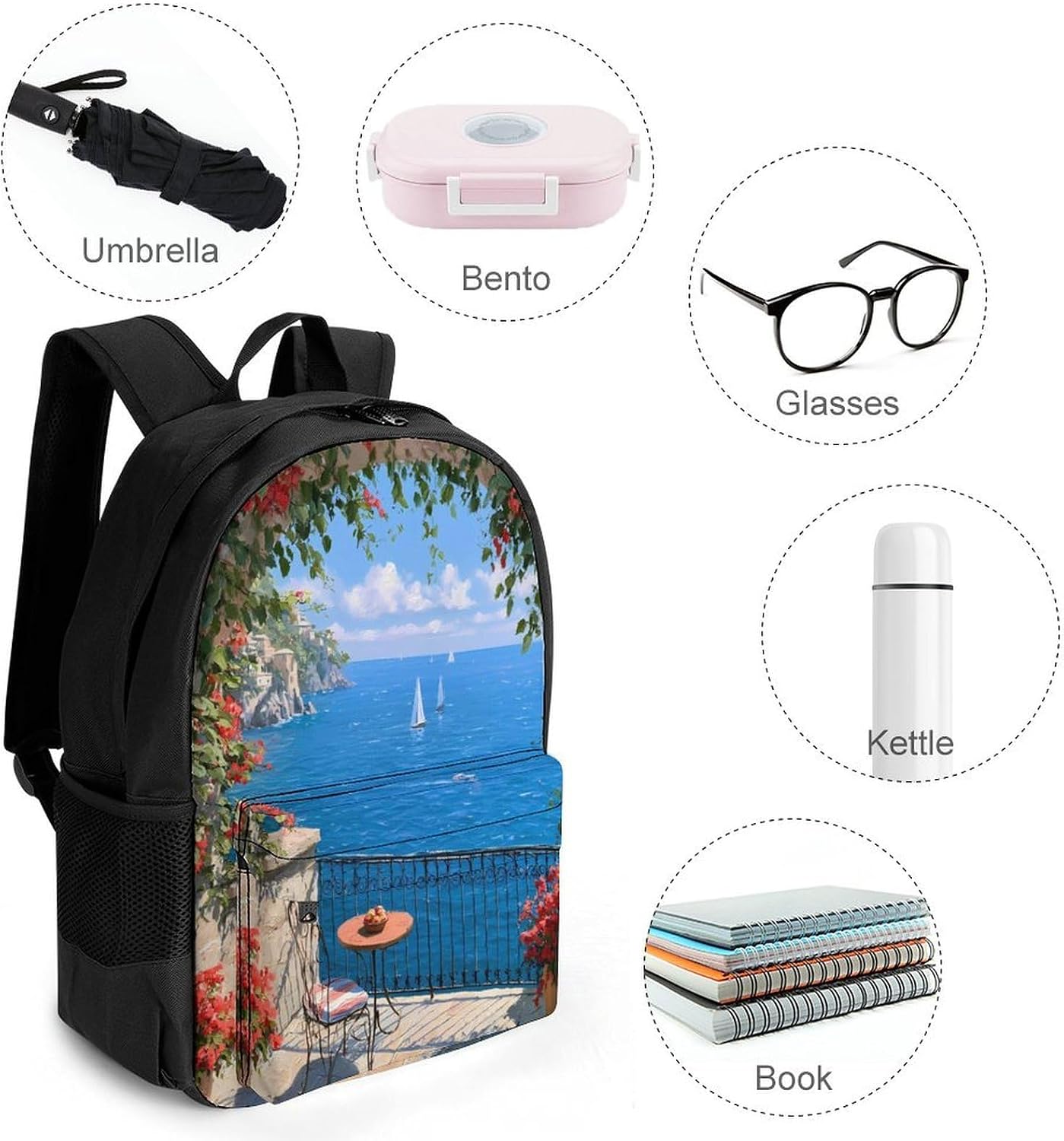 Mediterranean Terrace Ocean View Backpack Lightweight Backpacks Work Bag