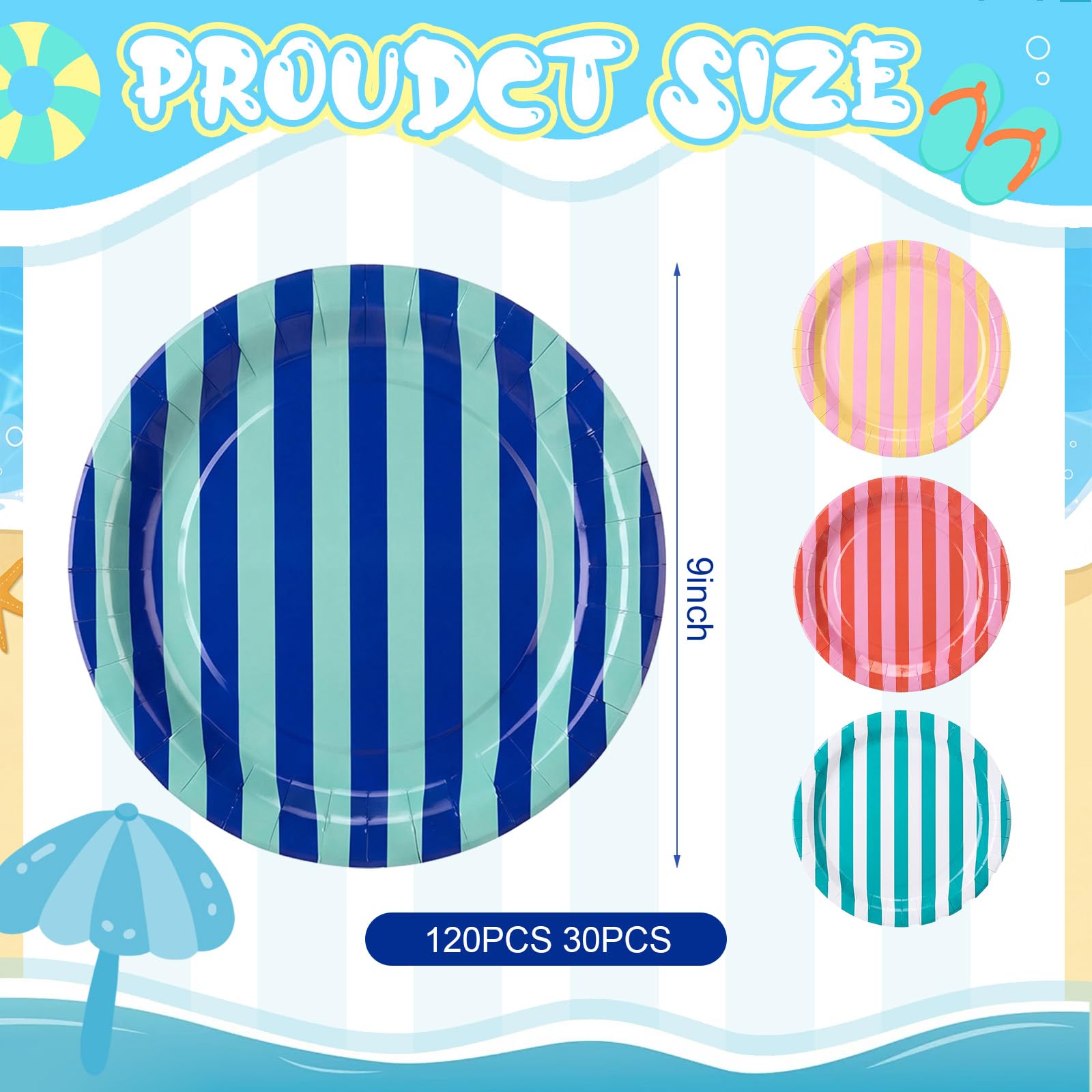 Havawish Pappteller mit Pastellstreifen, 22,9 cm, bunt, gestreift, für Sommer, Schwimmbad, Geburtstag, Junggesellinnenabschied, Hochzeit, Party, Dekoration, 120 Stück