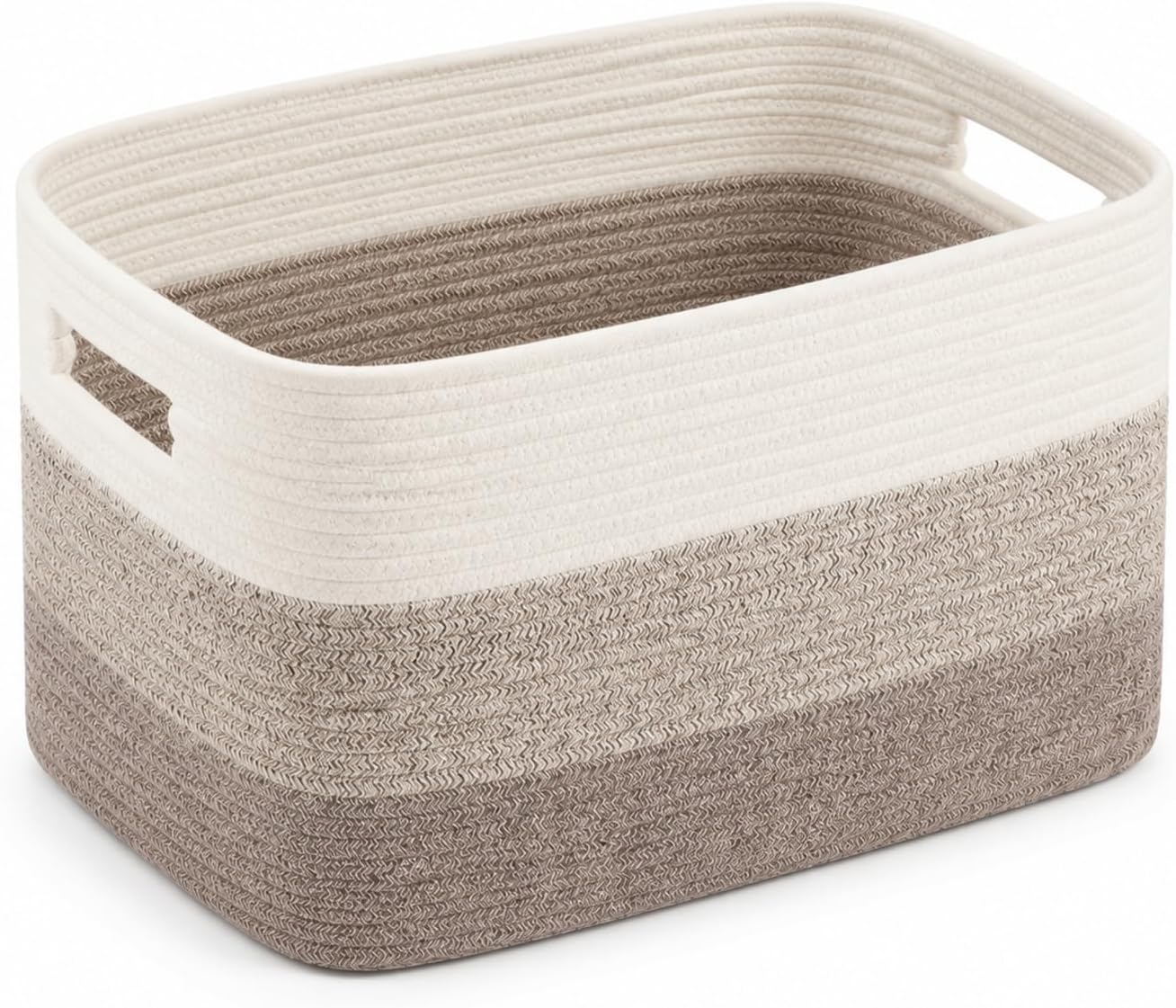 Cotton Rope Laundry Basket Medium, 15.4GAL Collapsible Woven Storage Baskets for Living Room Kids Toys Stuffed Animal,Boho Rectangular Decorative Short Hamper for Dirty Clothes, Blankets White Brown