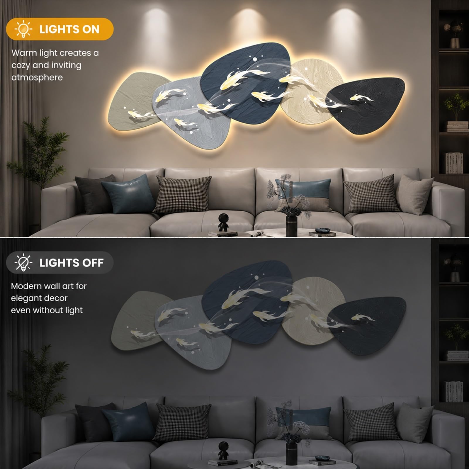 Decorazione Murale Carpe Koi 3D Retroilluminata a LED | Nieregularna Rzeźba z Błyszczącej Porcelany, Zasilana z Sieci, Idealna do Salonu(Brown,90x30cm/35x12in)