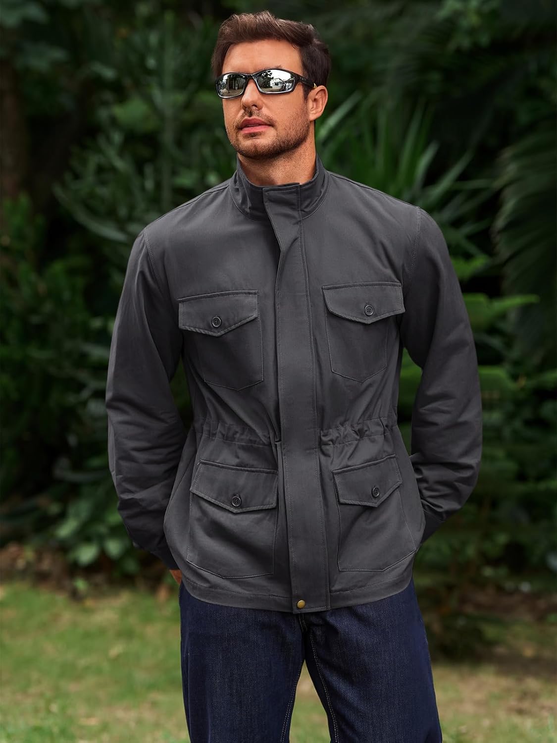 Runcati Mens Military Jacket Full Zip and Button Safari Field Jacket Multi Pocket Cargo Outdoor Coat - Image 4