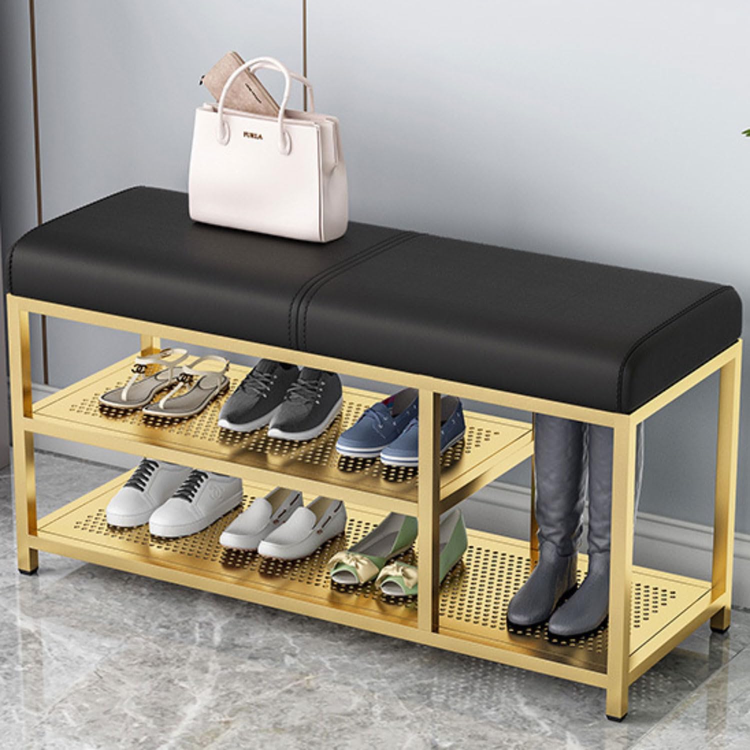 SXZenSpace Upholstered Shoe Storage Bench, Changing Bench Sofa Metal Rack Entrance for Living Room, Balcony, Hallway