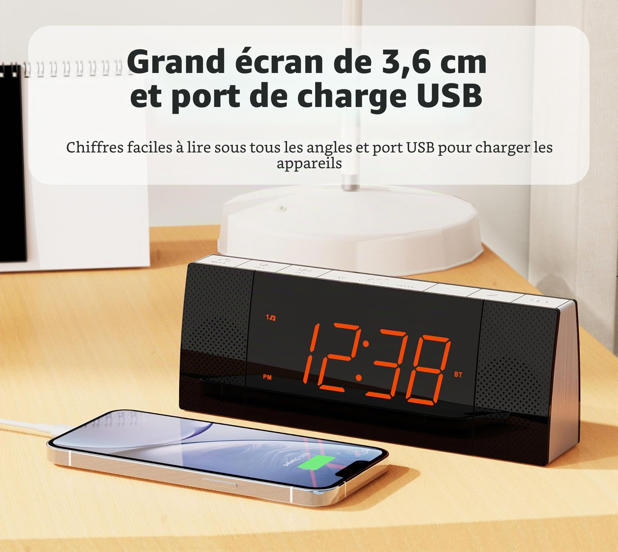 iTOMA Radio-réveil avec contrôle Via APP, Bluetooth, Radio FM, Double réveil avec Fonction de répétition (Snooze), Fonction de Charge USB, régulateur de luminosité Automatique et Manuel (CKS503)