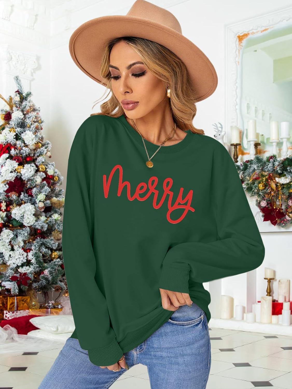 PECHAR Christmas Sweatshirt for Women: Merry Shirt Christmas Crewneck Sweatshirt Xmas Long Sleeve Pullover Tops - Image 3