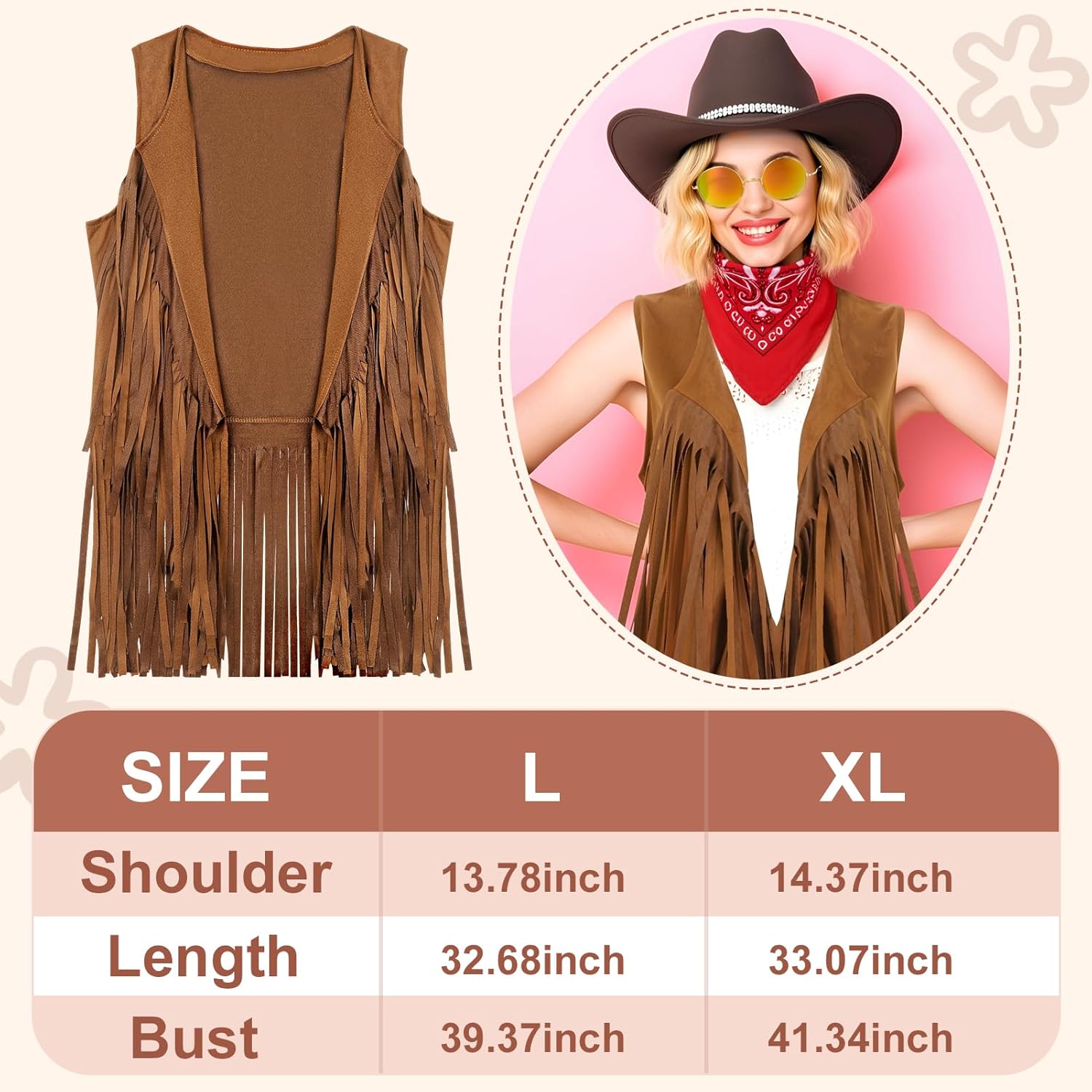 6Pcs Western Cowgirl Costume for Women Cowgirl Outfits Set Fringe Vest Cowboy Hat Glasses Earring Bandana Bracelet - Image 3