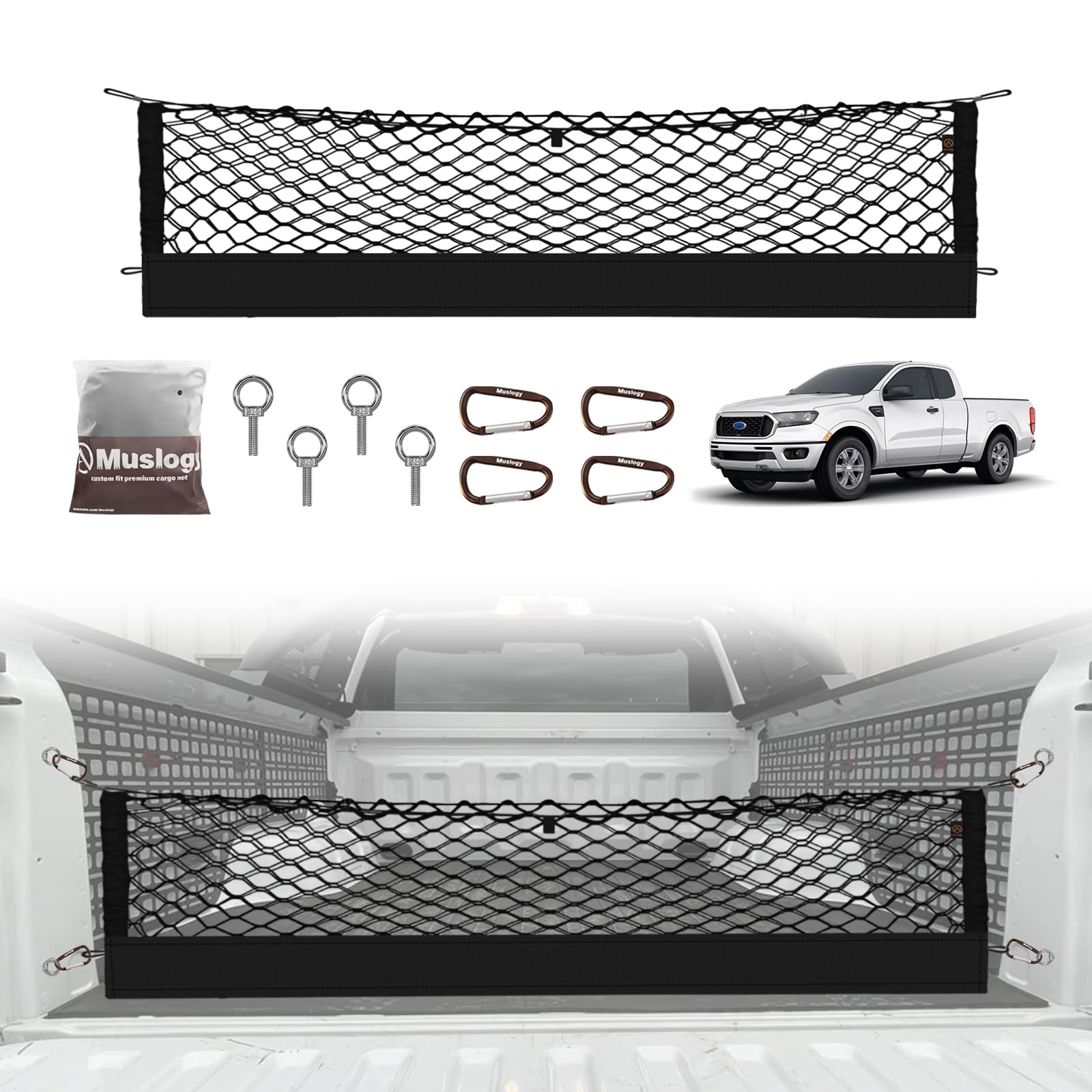 Muslogy Truck Bed Cargo Net Compatible with Ford Ranger 2019-2023 Accessories Storage Organizer Pickup Truck Bed Envelope Style Cargo Net with Heavy Duty Carabiners