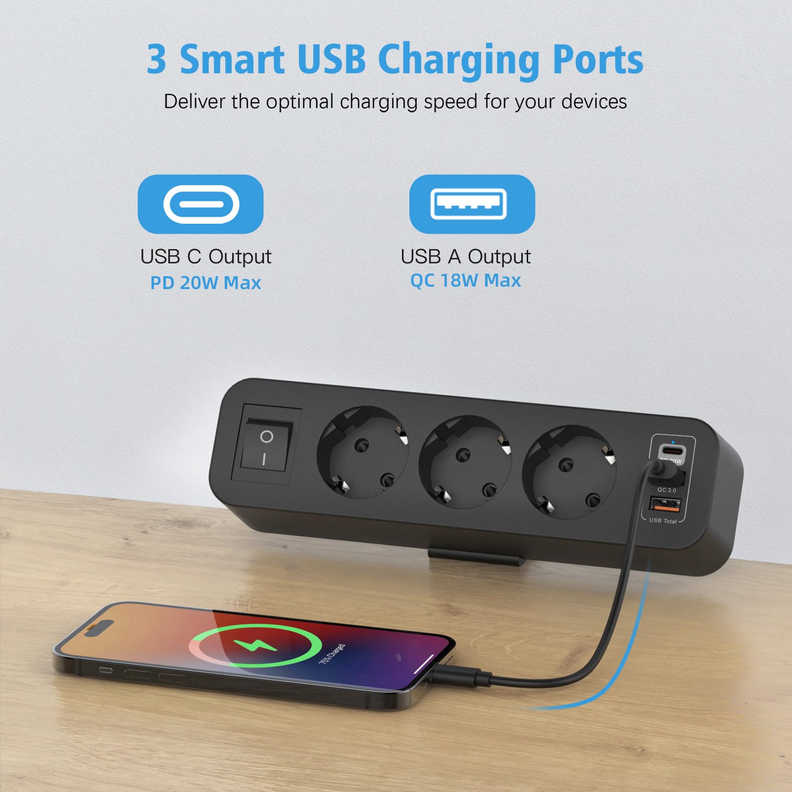 Prise de Table avec USB C, Prise Multiple 3 USB à 3 Voies avec Interrupteur, Multiprise de Bureau avec Câble 2M pour Bureau à Domicile. Noir (Lot de 6)