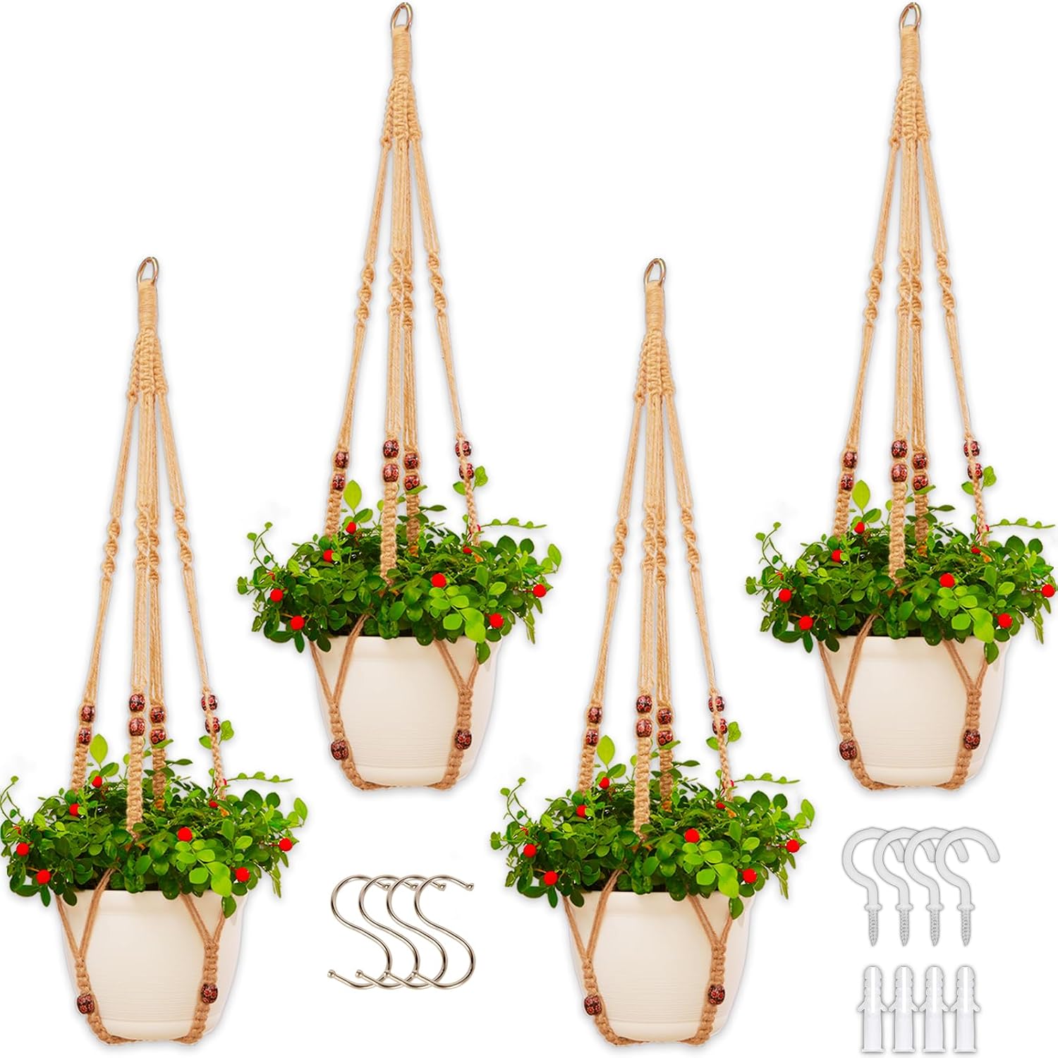 petonfun Macrame Plant Hangers Indoor Macrame,4 Pack Hanging Planter Holder for Window,Ceiling Crochet Handmade Boho Home Decor Set for Hanging Plants Basket Pot,Ivory