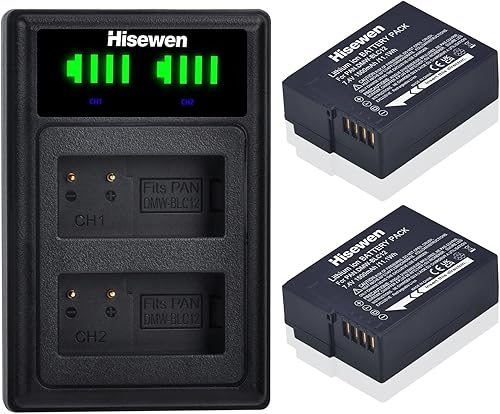 Hisewen Batería DMW-BLC12 (paquete de 2) y cargador dual para cámara Panasonic Lumix G85, G7, DC-FZ1000 II, G95, DMC-G85, GH2, G5, G6, G7, GX8,