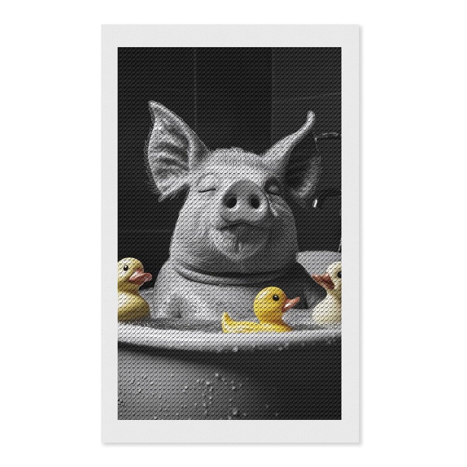 Junmoney Pig in Bathtub with Rubber Ducks DIY Diamond Art Canvas Kit 12"x20", Simple to Start, Fun Craft Experience, Modern Decor, Gift Idea, Adhesive Canvas