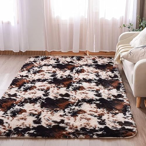 Meeting Story Alfombra con estampado de vaca, alfombra de piel de vaca sintética, con estampado de animales, esponjosa, peluda, de teñido anudado,