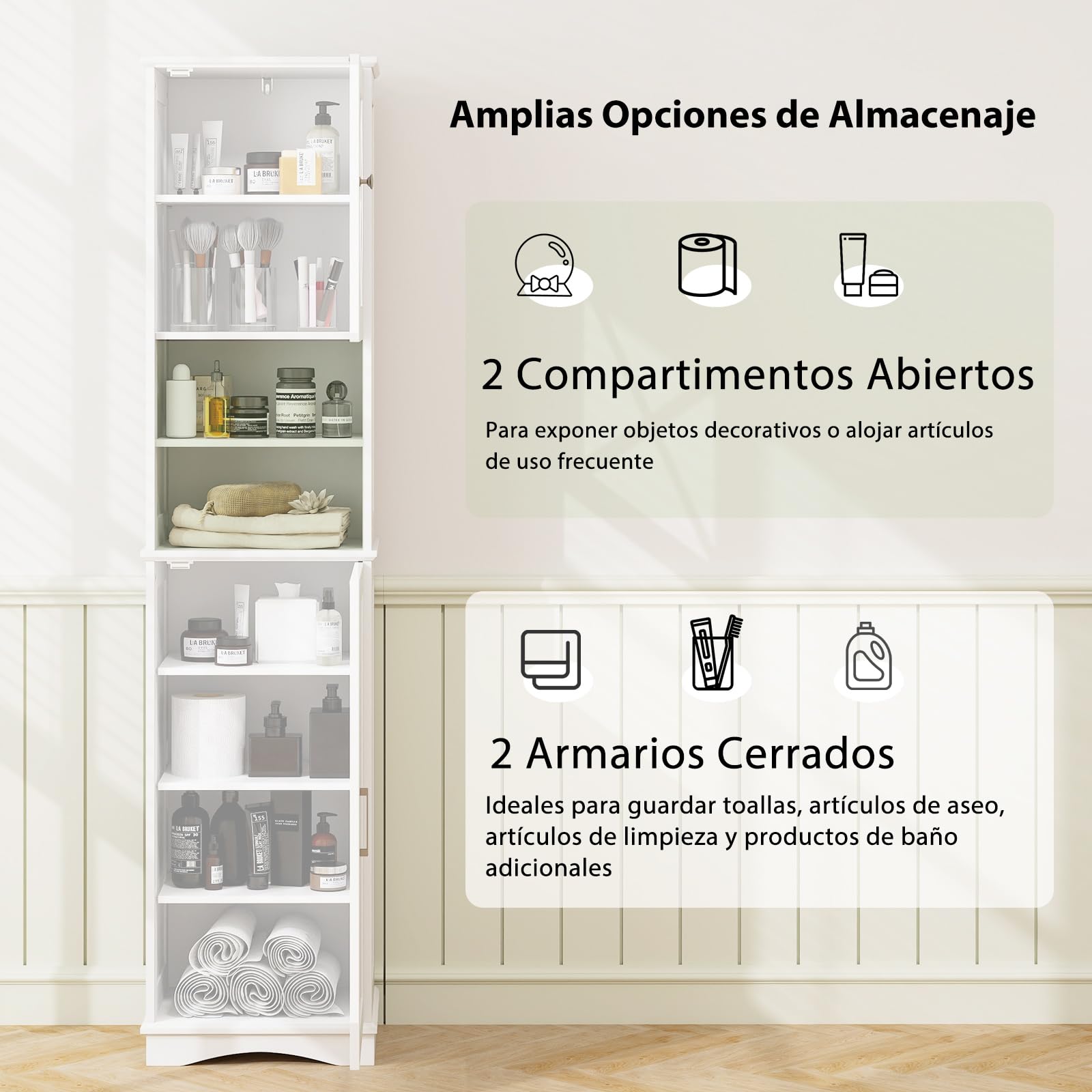 COSTWAY Armario Alto, Mueble Columna de Baño con 2 Puertas y 2 Compartimentos Abiertos, Armario Independiente de Despensa con 5 Estantes Ajustables, Mueble Estrecho con Dispositivo Antivuelco
