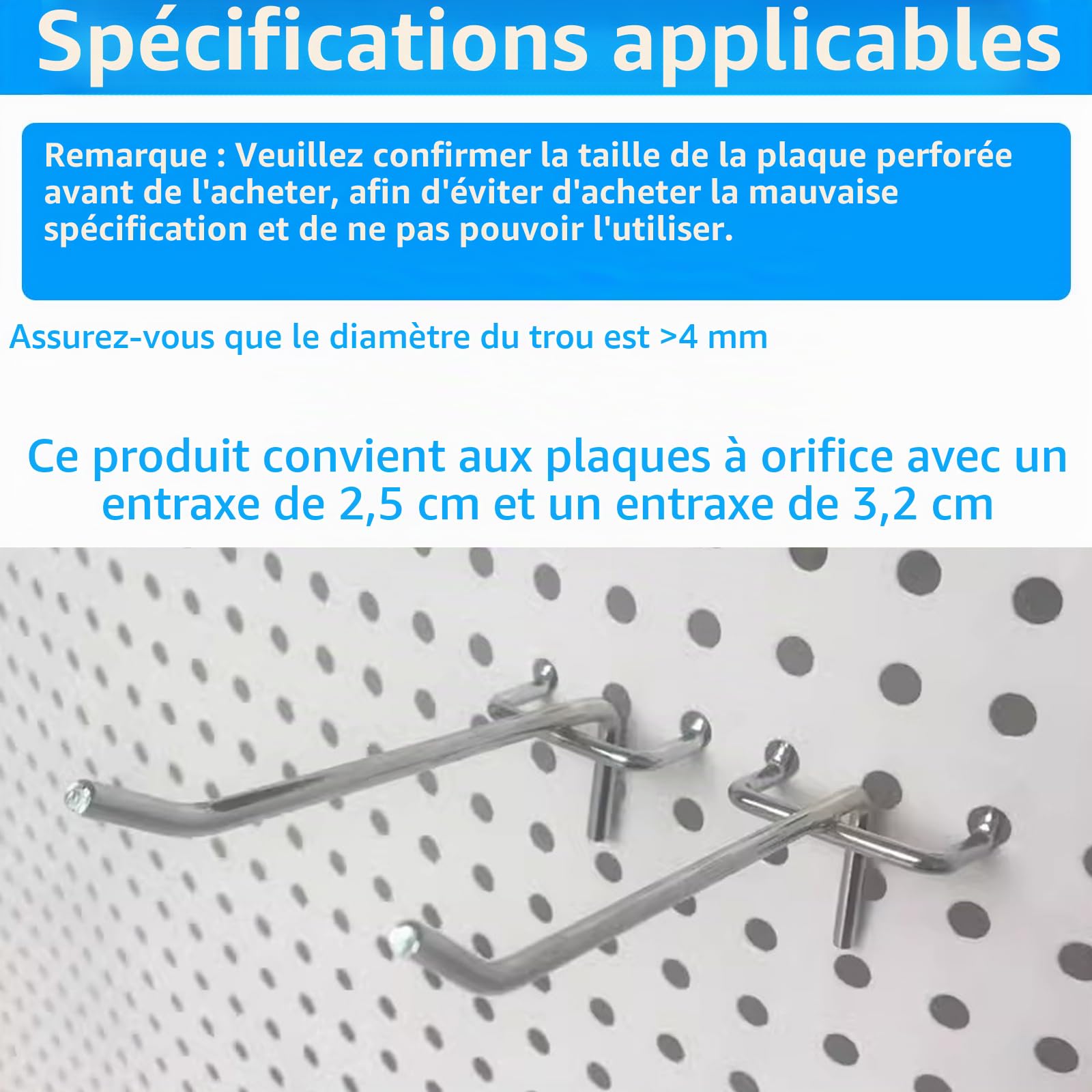 Lot de 100 Crochets pour Panneau Perforé (Pegboard), 10 cm, Ø 3.5 mm, 3.2 cm d'Écartement, Porte Mural Garage Atelier, Charge Max 3 kg