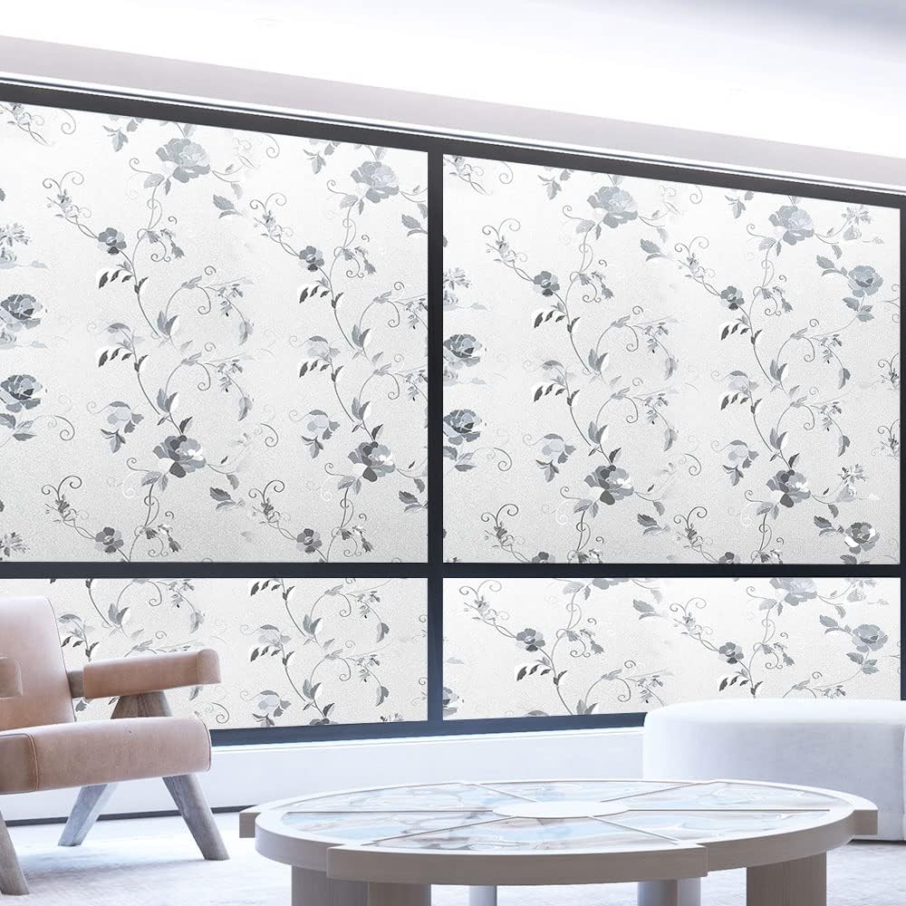 Frosted Window Privacy Film, Static Cling Decorative Glass Film, Anti UV Window Film Non-Adhesive Window Cling, Peony Flower, 23.6 x 78.7 inches