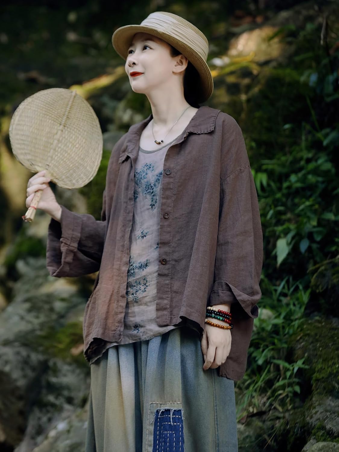 Women's Linen Shirts Lapel Collar Button Down Tops Plus Size Blouse with Pockets Handmade Stitch Vintage Loose Casual Tops - Image 7