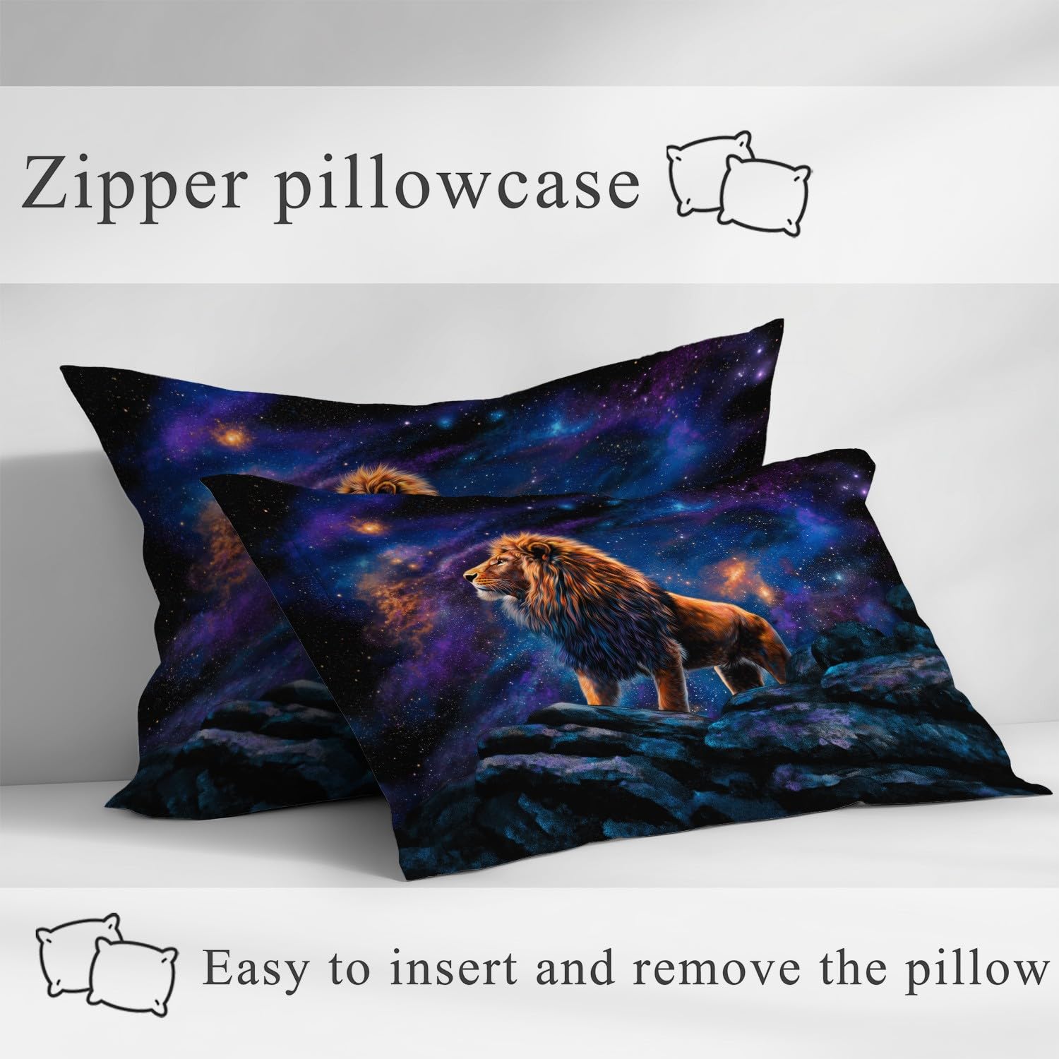 Fantasie Tier Spannbetttuch Löwe Sternenhimmel Nebelwolke Spannbettlaken 200 x 200 x 30 cm 3teilig Mikrofaser Bettwäsche Set mit 2 Kissenbezüge 80 x 80 cm Kein Flachbettlaken