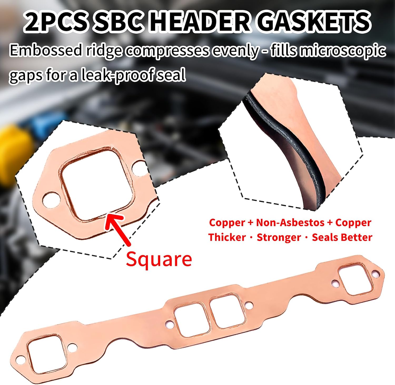 4Pcs SBC Square Copper Header Collector Gasket & 3" Triangle Exhaust Flange Set for SB Chevy V8 Small Blocks 305 327 350 383 Reusable Leak-Proof