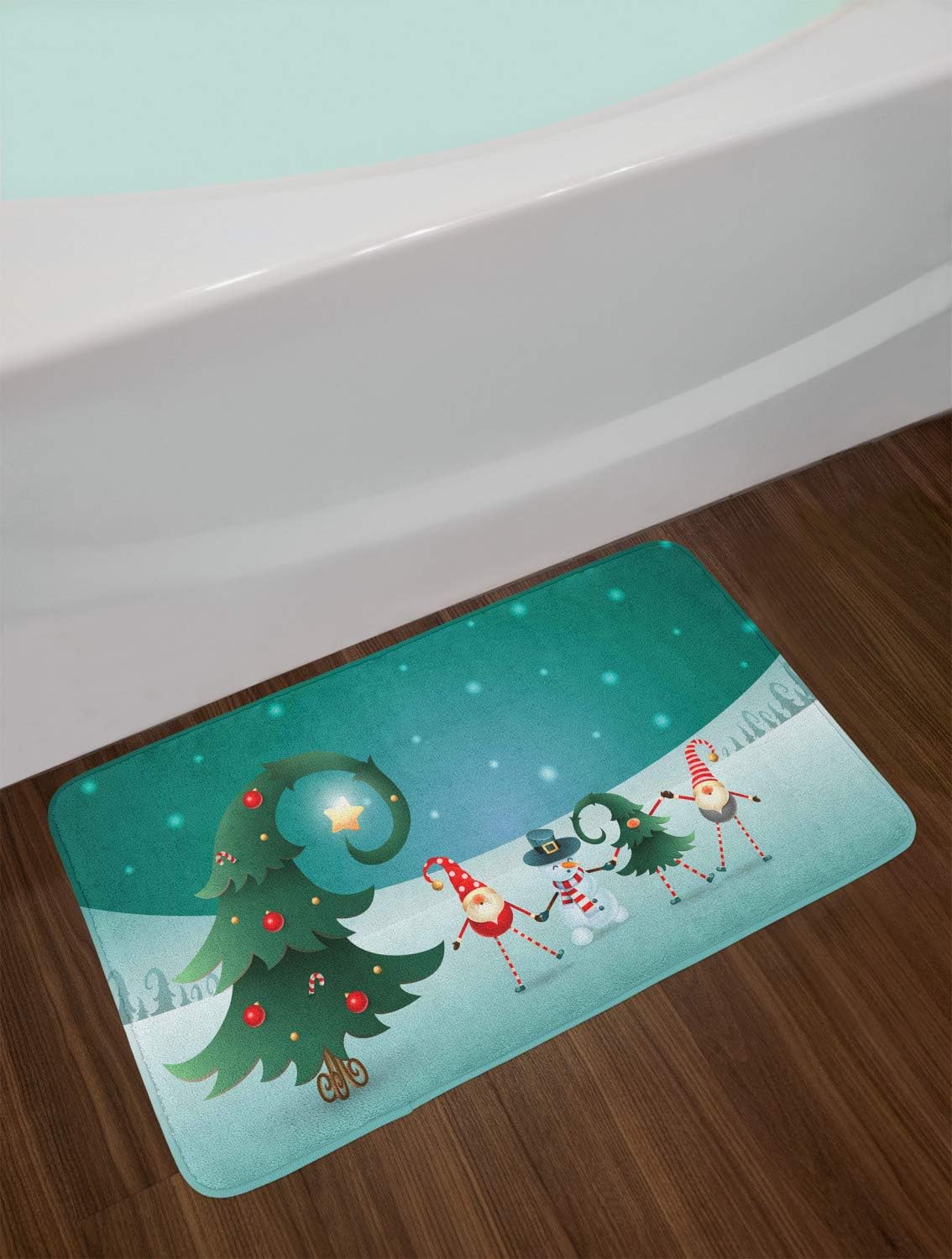 Ambesonne Elf Bath Mat, Friendly Holiday Celebration Theme Winter Scene Christmas with Funky Gnomes, Plush Bathroom Decor Mat with Non Slip Backing, 30.2" x 20", Teal and Multicolor