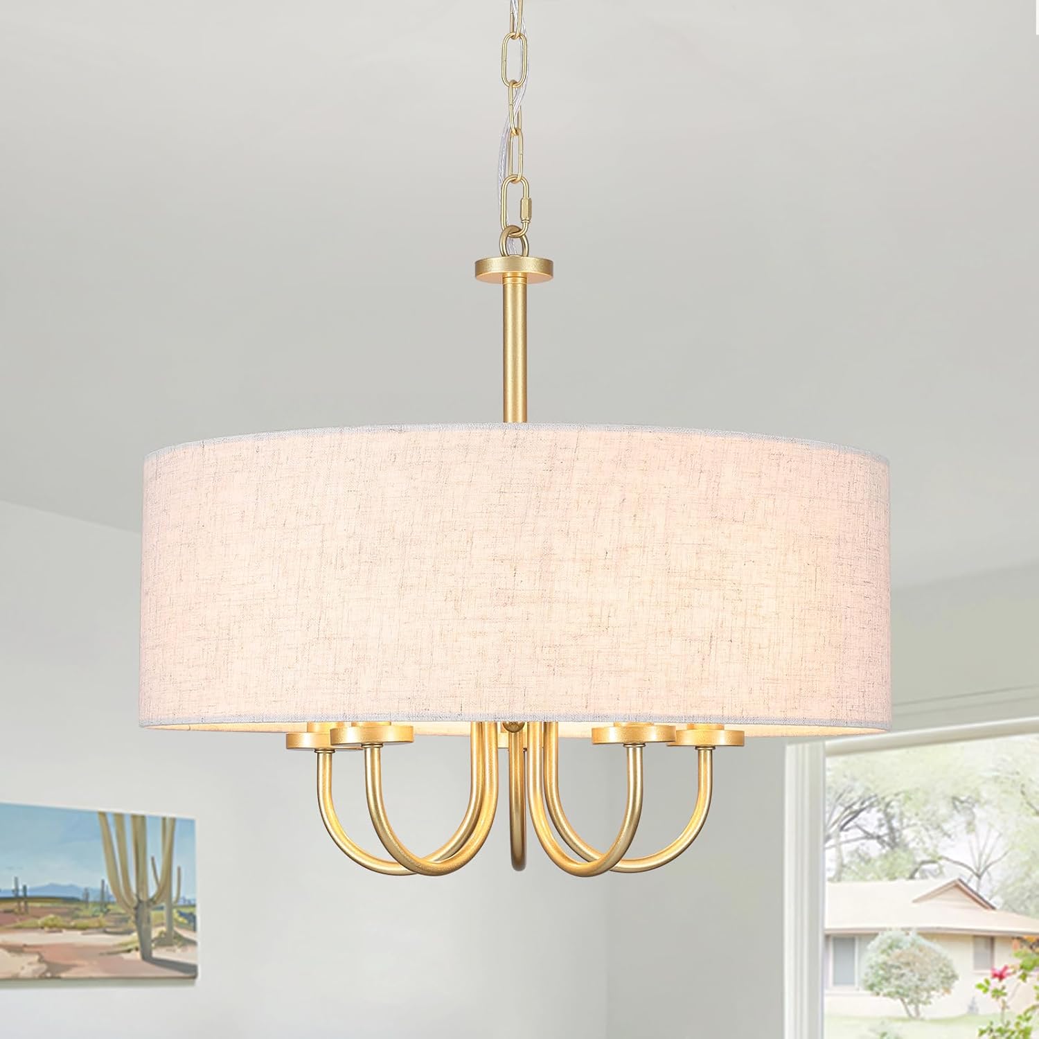 5 Lights Drum Chandelier Gold Farmhouse Chandelier with Shades 19" Large Pendant Light Fixtures Hanging Brass Round Chandeliers for Bedroom Dining Room Over Table Living Room Foyer Kitchen Island