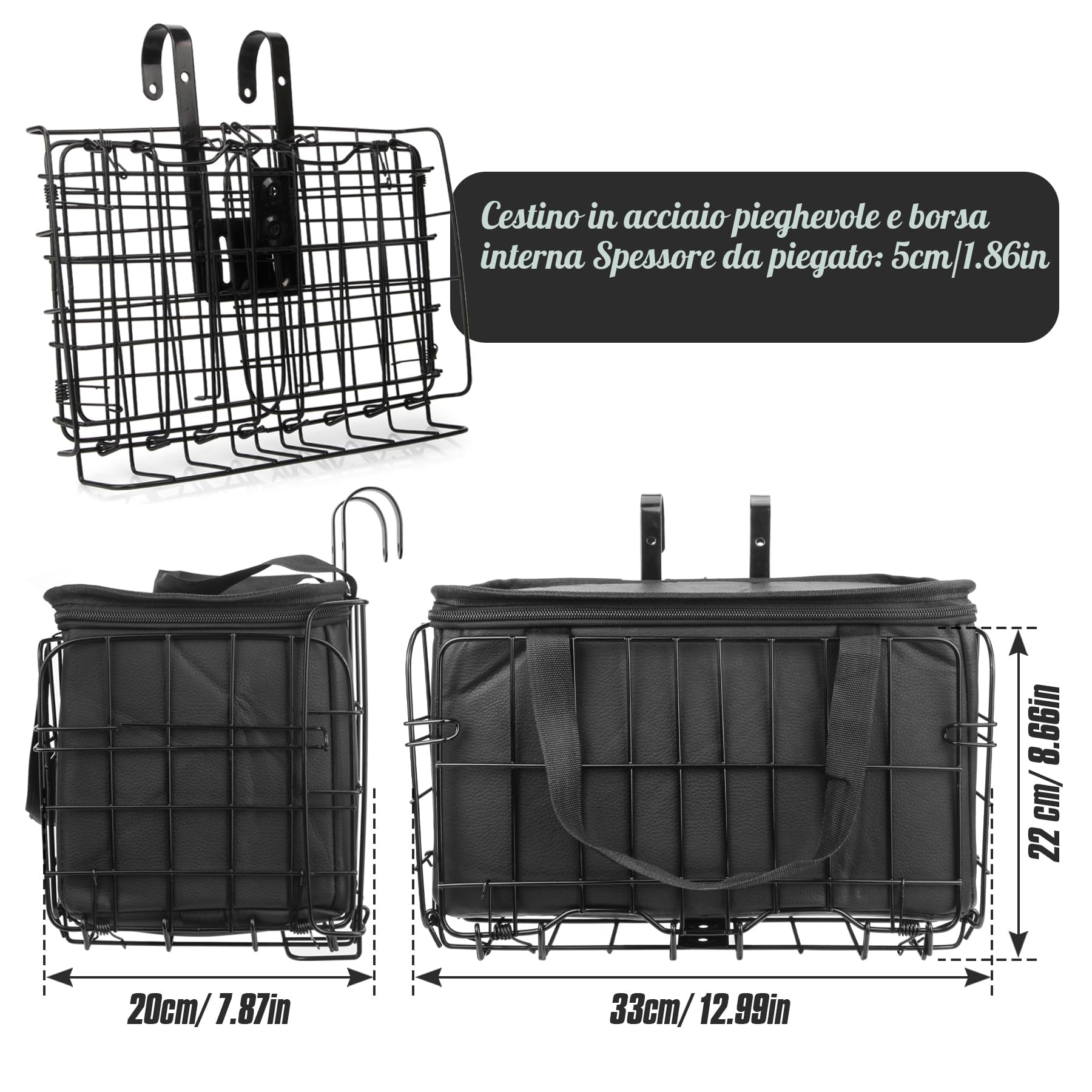 Spesh Cestino pieghevole per bicicletta in filo metallico d'acciaio, cestino anteriore per bici con sacca di rivestimento in PU nero, design a sgancio rapido, cestino cargo per bicicletta per