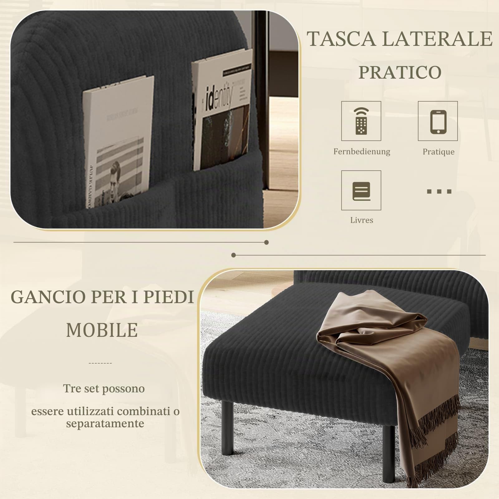KOMHTOM Piccolo divano a 2 posti in velluto a coste con schienale alto comodo, 4 tasche e gambe in metallo, moderno divano angolare per soggiorno, camera da letto e ufficio (grigio - 2 posti)