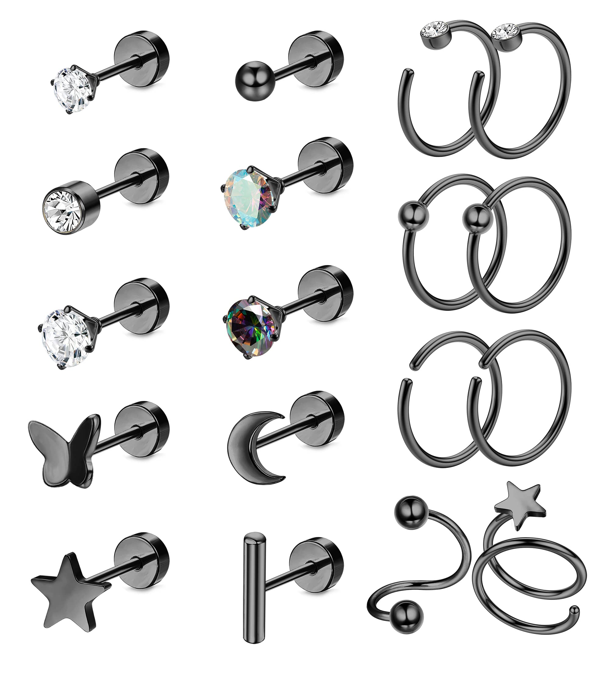 LOLIAS 18Pcs Titanium Earrings for Women G23 Titanium Flat Back Earrings for Sensitive Ears Star Moon Butterfly Hypoallergenic 20G Flat Back Earrings Helix Piercing Jewelry Black