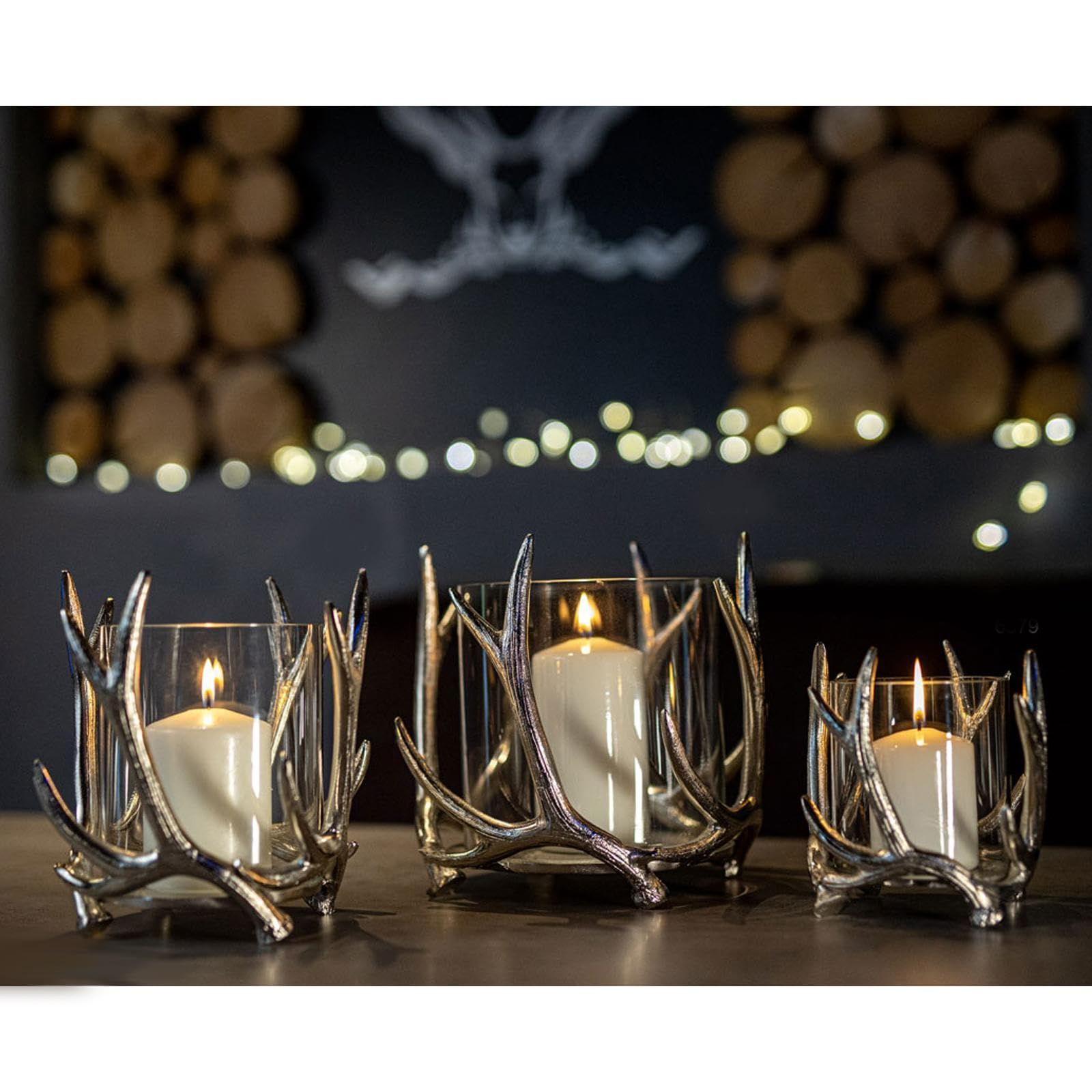 Portavelas de Cristal Decoracion, 19 cm de diámetro, aluminio pulido en forma de cornamenta de ciervo, con cilindro de cristal abierto